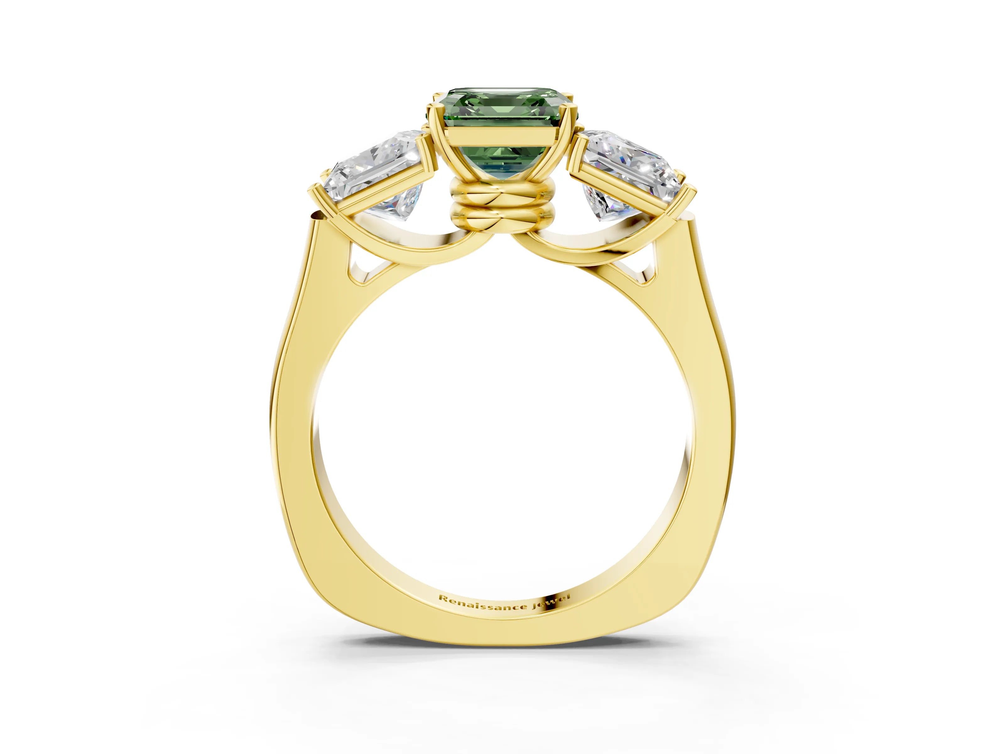 Yellow gold Three-Stone Fancy Green Asscher Cut Brilliant Diamond Trellis Ring with Comfort Fit Band_3