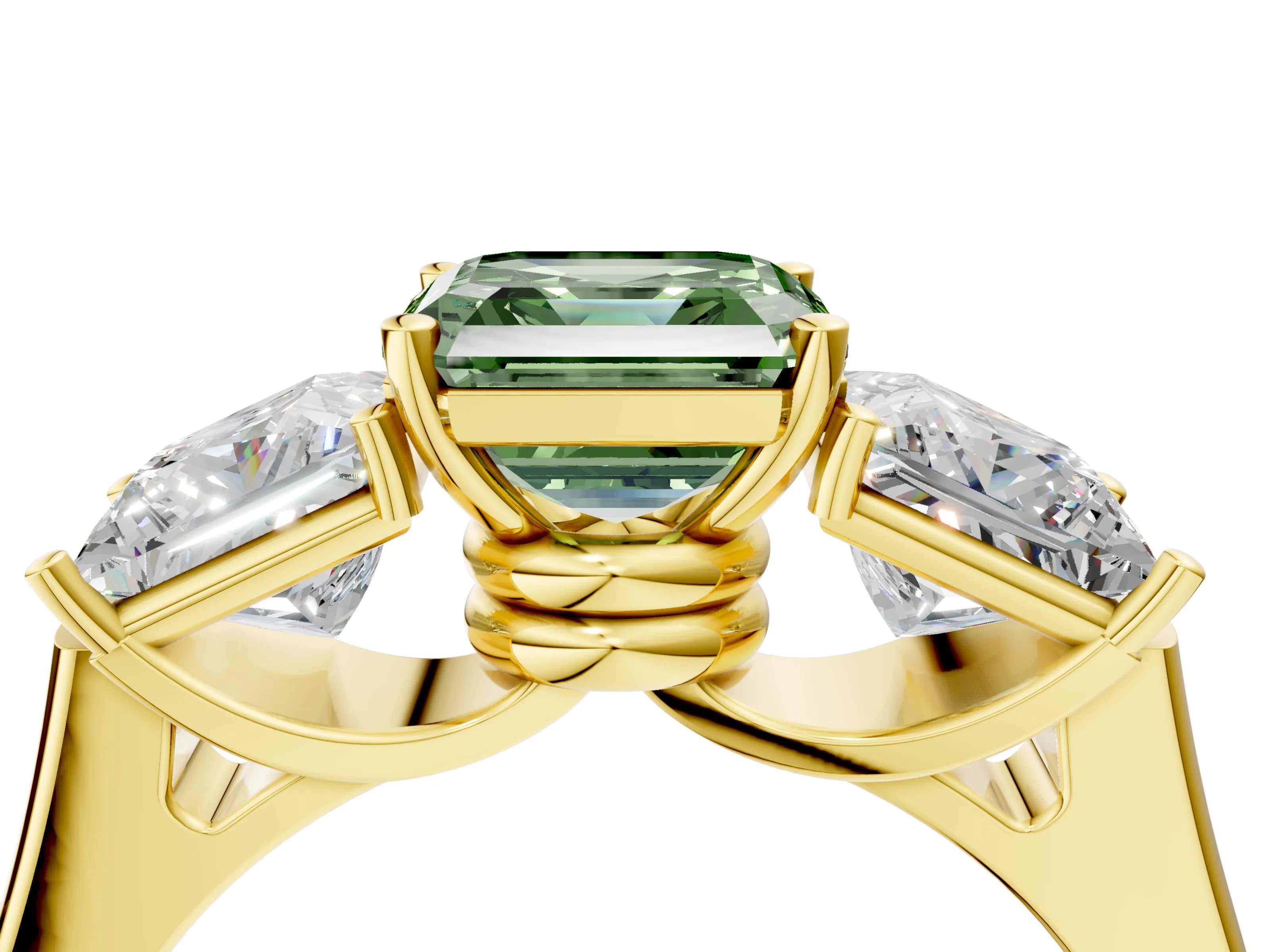 Yellow gold Three-Stone Fancy Green Asscher Cut Brilliant Diamond Trellis Ring with Comfort Fit Band_4