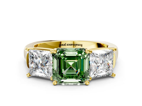 Yellow gold Three-Stone Fancy Green Asscher Cut Brilliant Diamond Trellis Ring with Comfort Fit Band
