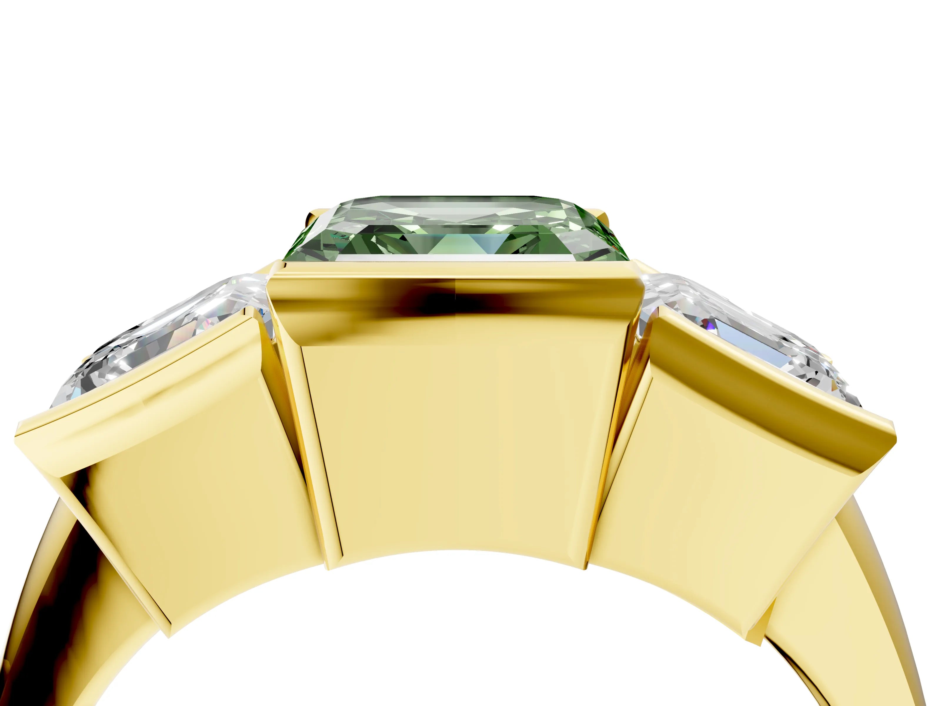 Yellow gold Three Stone Fancy Green Asscher Cut Cut Channel Set Diamond Ring_4