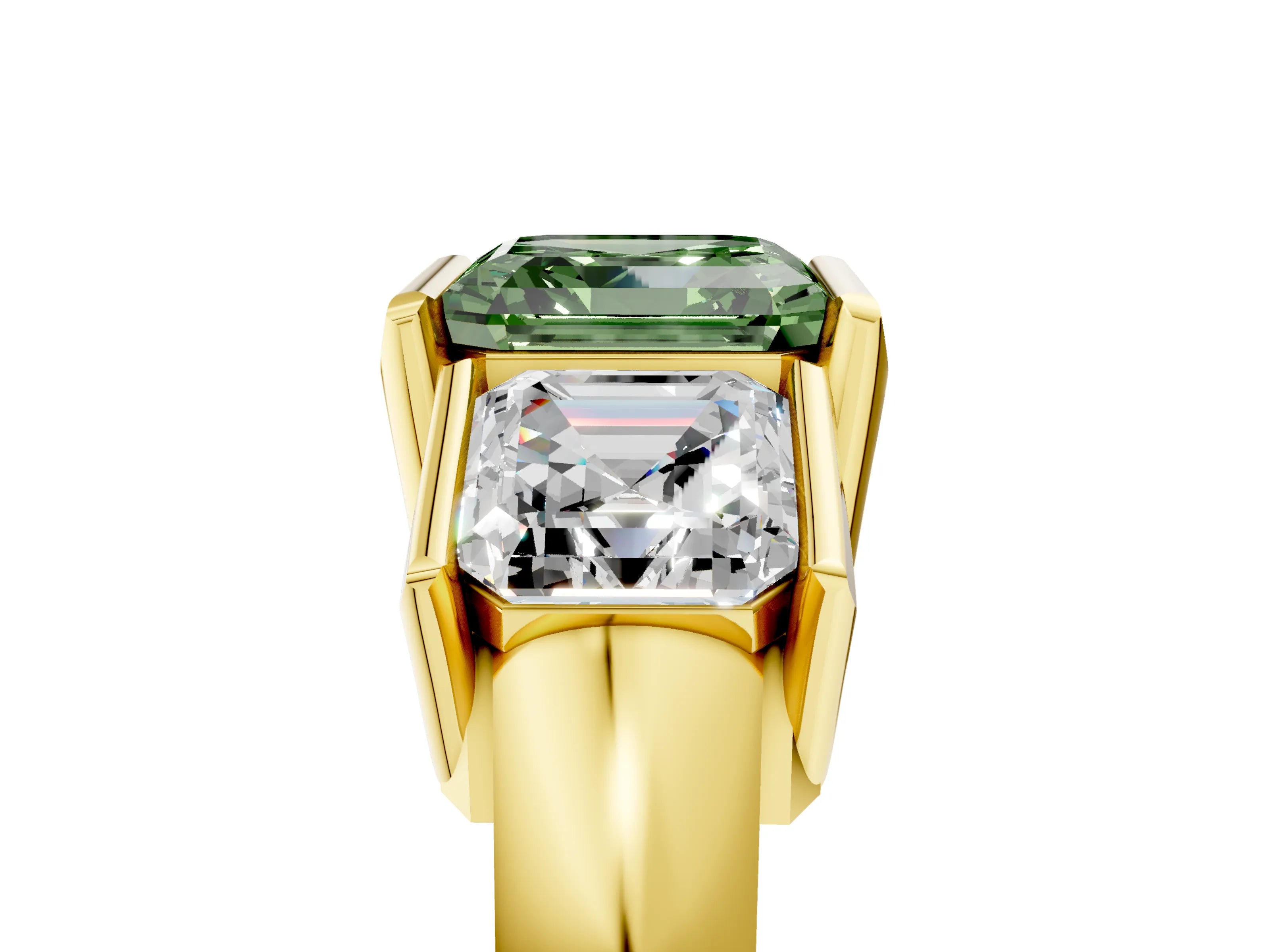 Yellow gold Three Stone Fancy Green Asscher Cut Cut Channel Set Diamond Ring_5