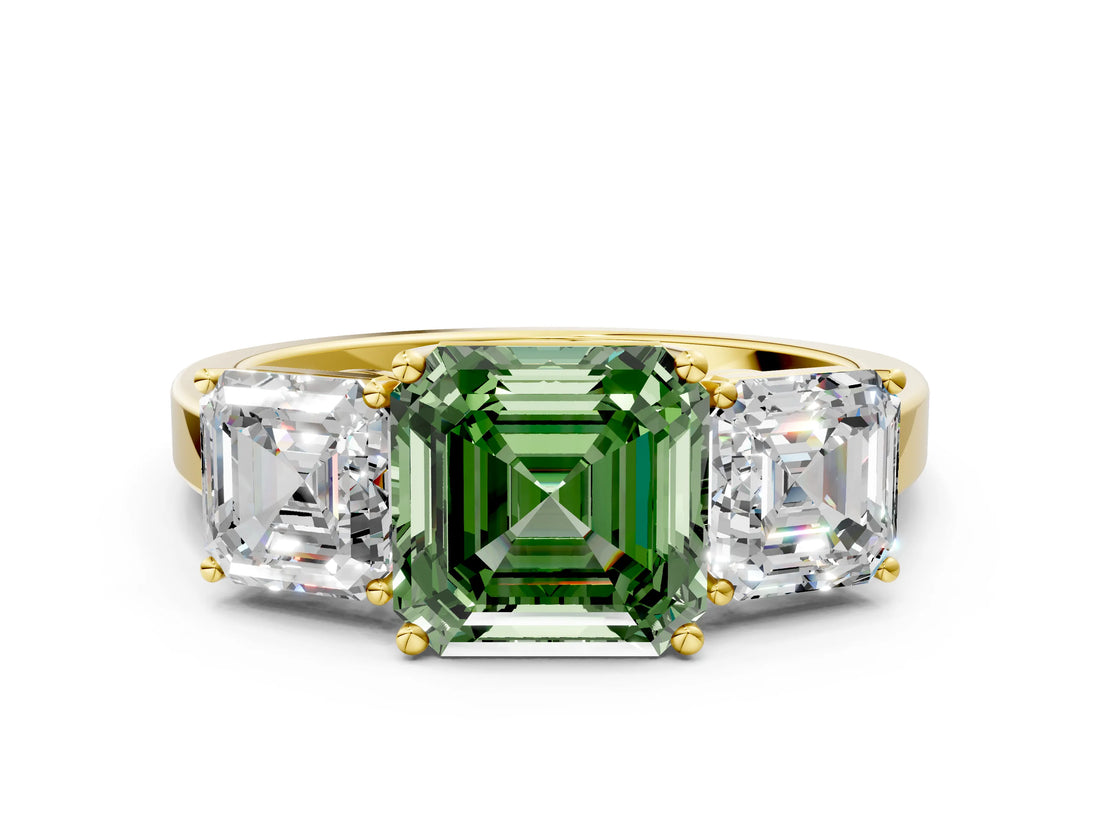 Yellow gold Three-Stone Fancy Green Asscher Cut Cut Diamond Engagement Ring with Flat Band and Four-Prong Setting_12