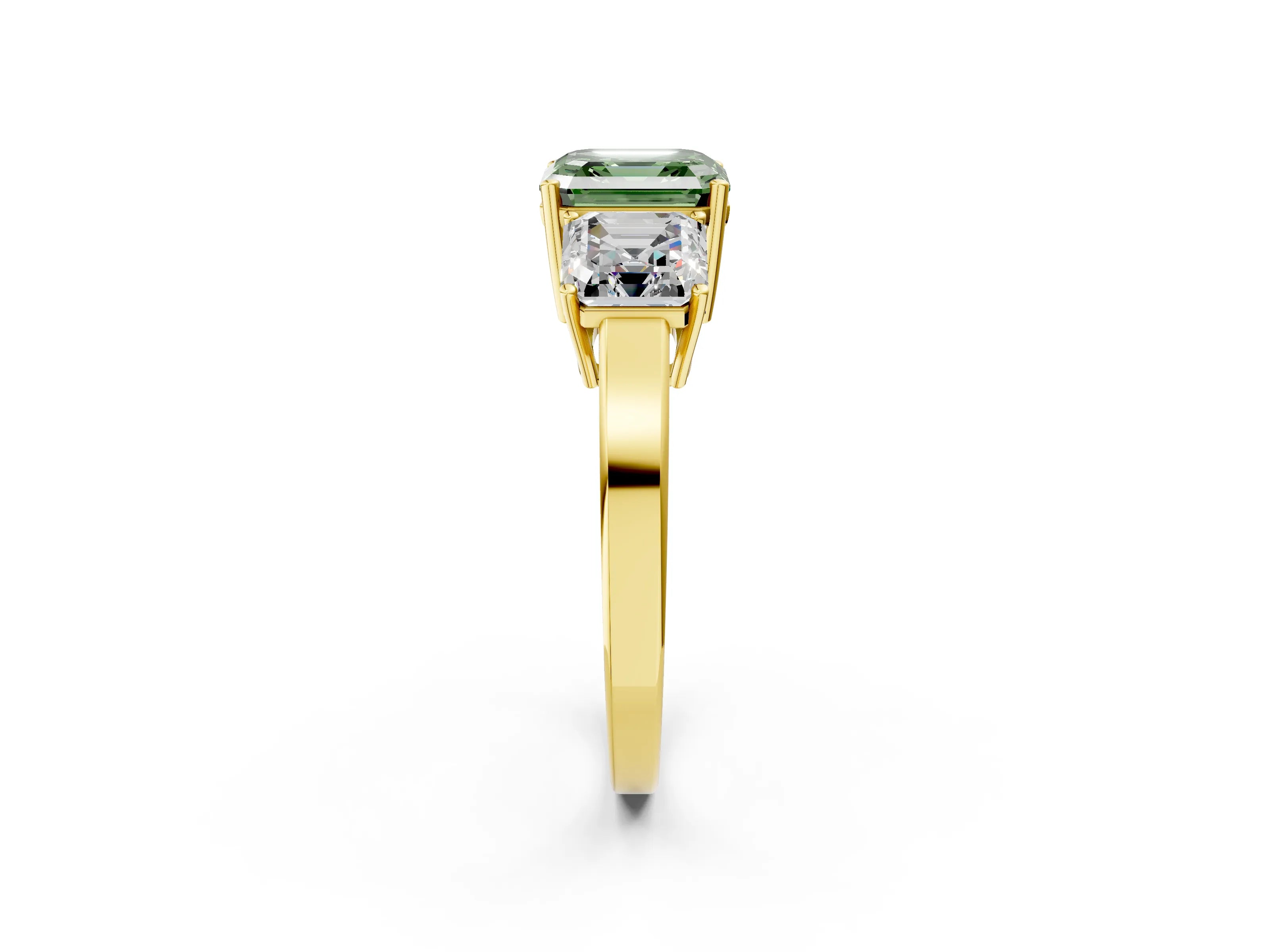 Yellow gold Three-Stone Fancy Green Asscher Cut Cut Diamond Engagement Ring with Flat Band and Four-Prong Setting_14