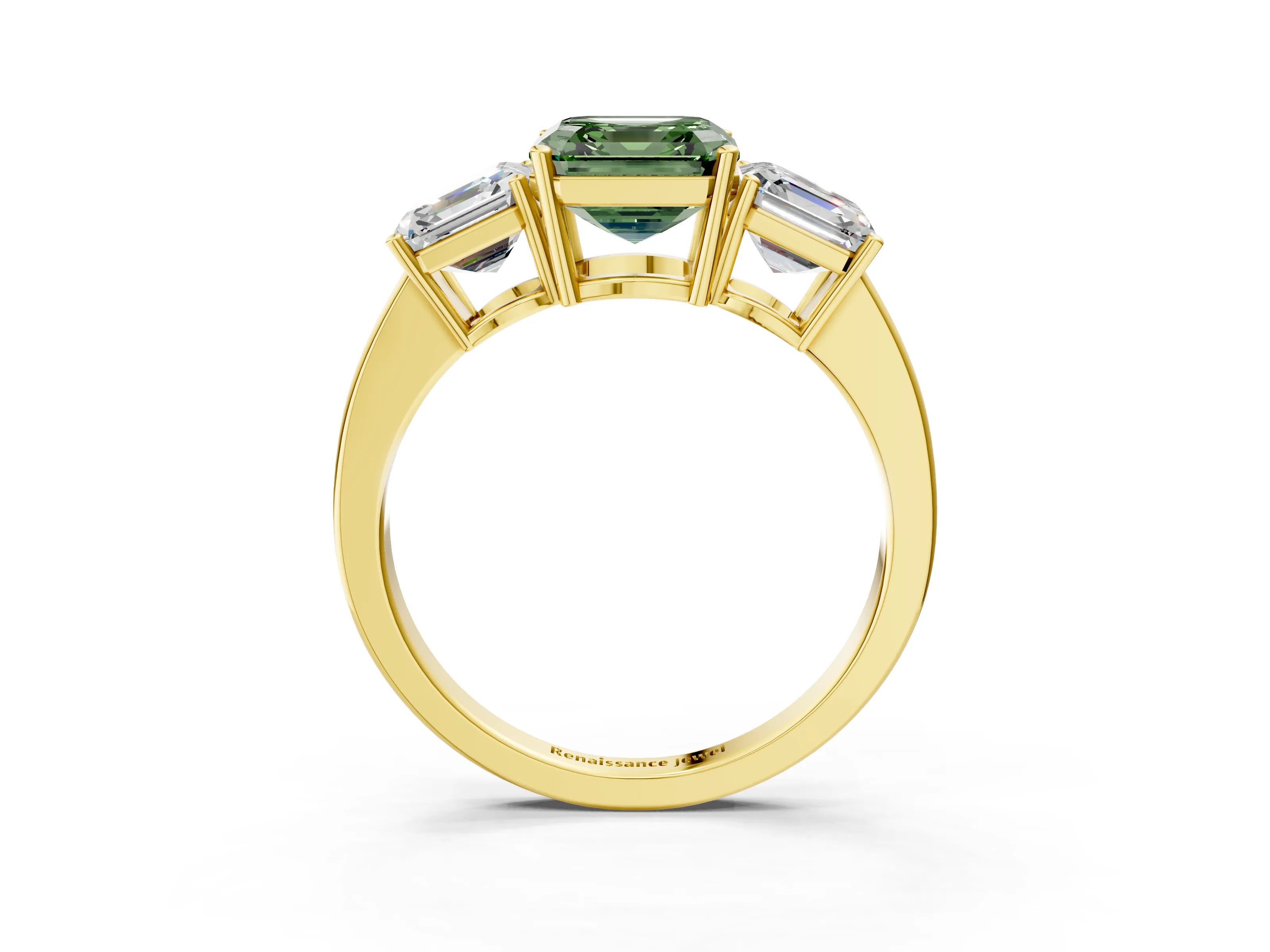 Yellow gold Three-Stone Fancy Green Asscher Cut Cut Diamond Engagement Ring with Flat Band and Four-Prong Setting_15