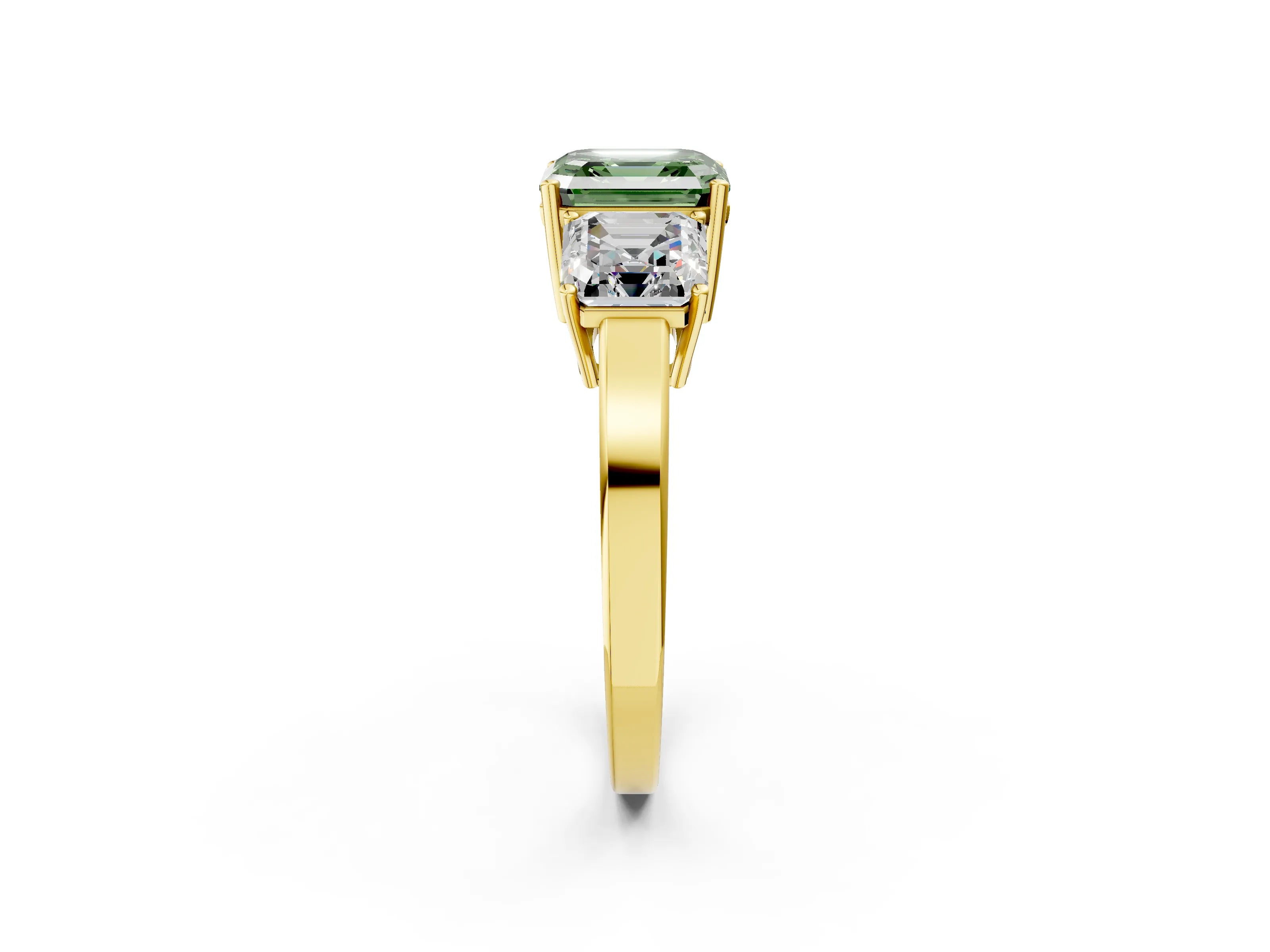 Yellow gold Three-Stone Fancy Green Asscher Cut Cut Diamond Engagement Ring with Flat Band and Four-Prong Setting_2