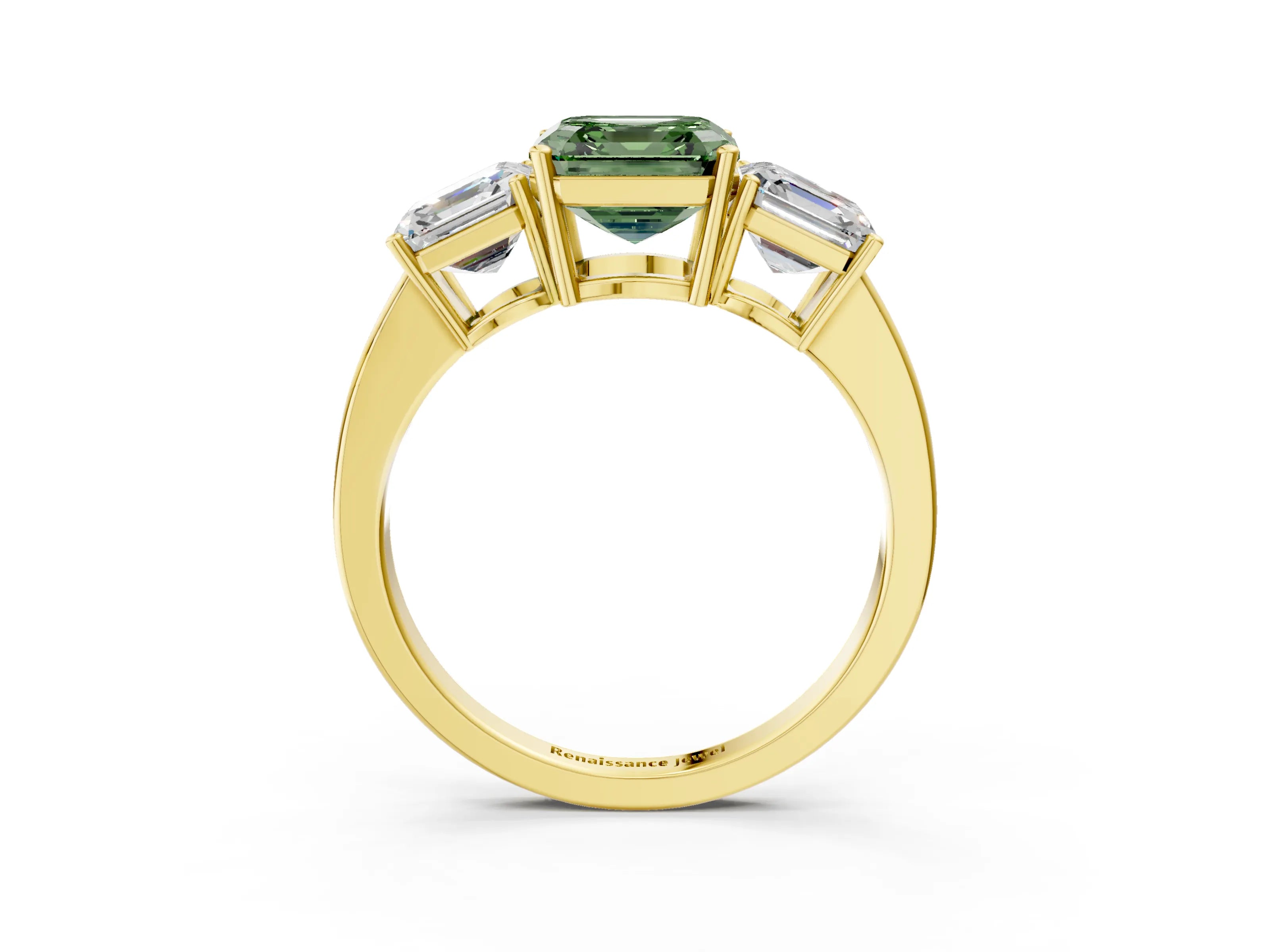 Yellow gold Three-Stone Fancy Green Asscher Cut Cut Diamond Engagement Ring with Flat Band and Four-Prong Setting_3