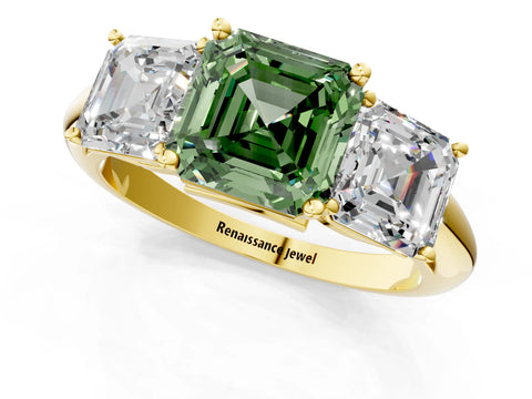 Yellow gold Three-Stone Fancy Green Asscher Cut Cut Diamond Engagement Ring with Prong Setting on a White Gold Band_1