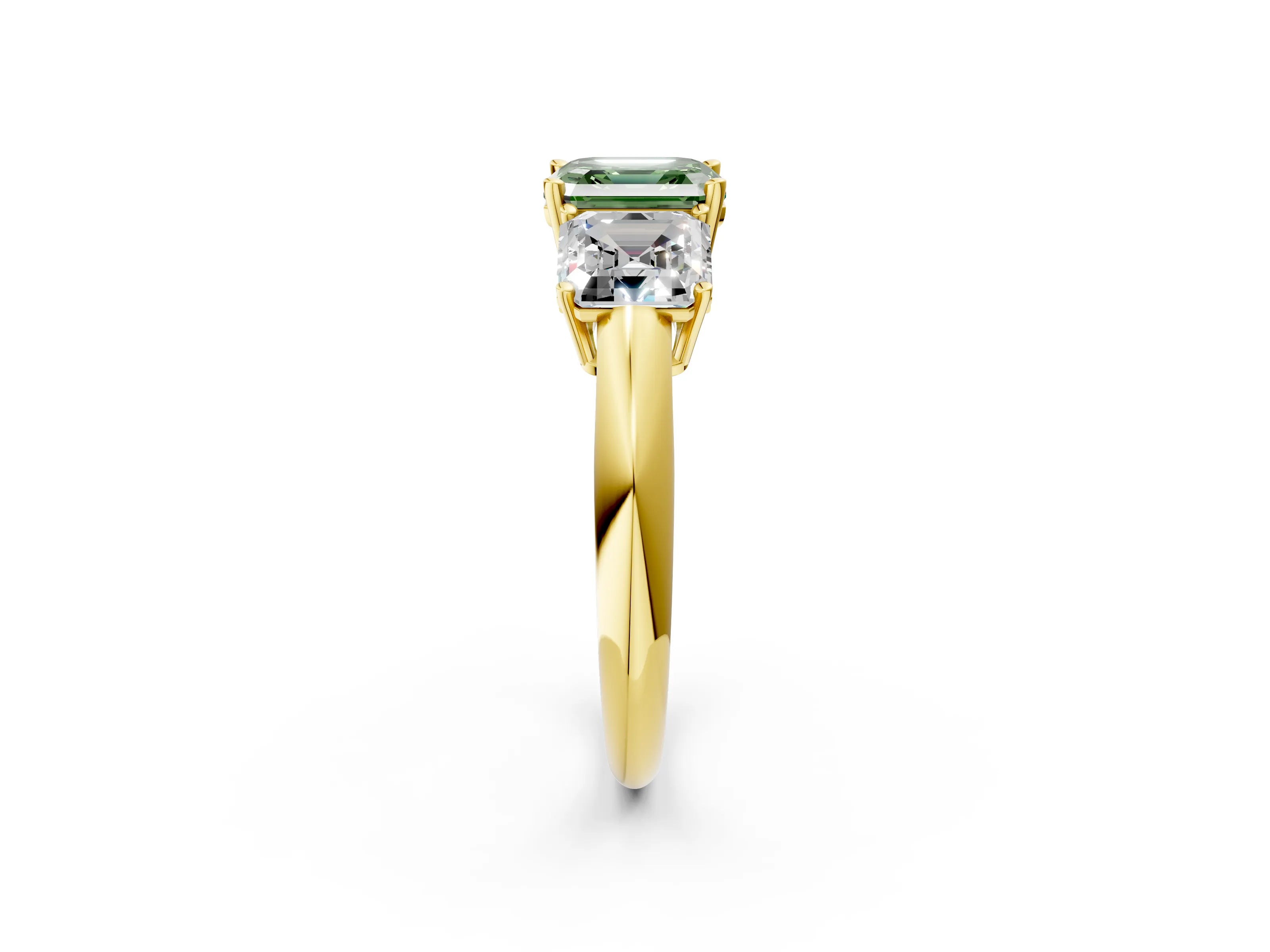 Yellow gold Three-Stone Fancy Green Asscher Cut Cut Diamond Engagement Ring with Prong Setting on a White Gold Band_2