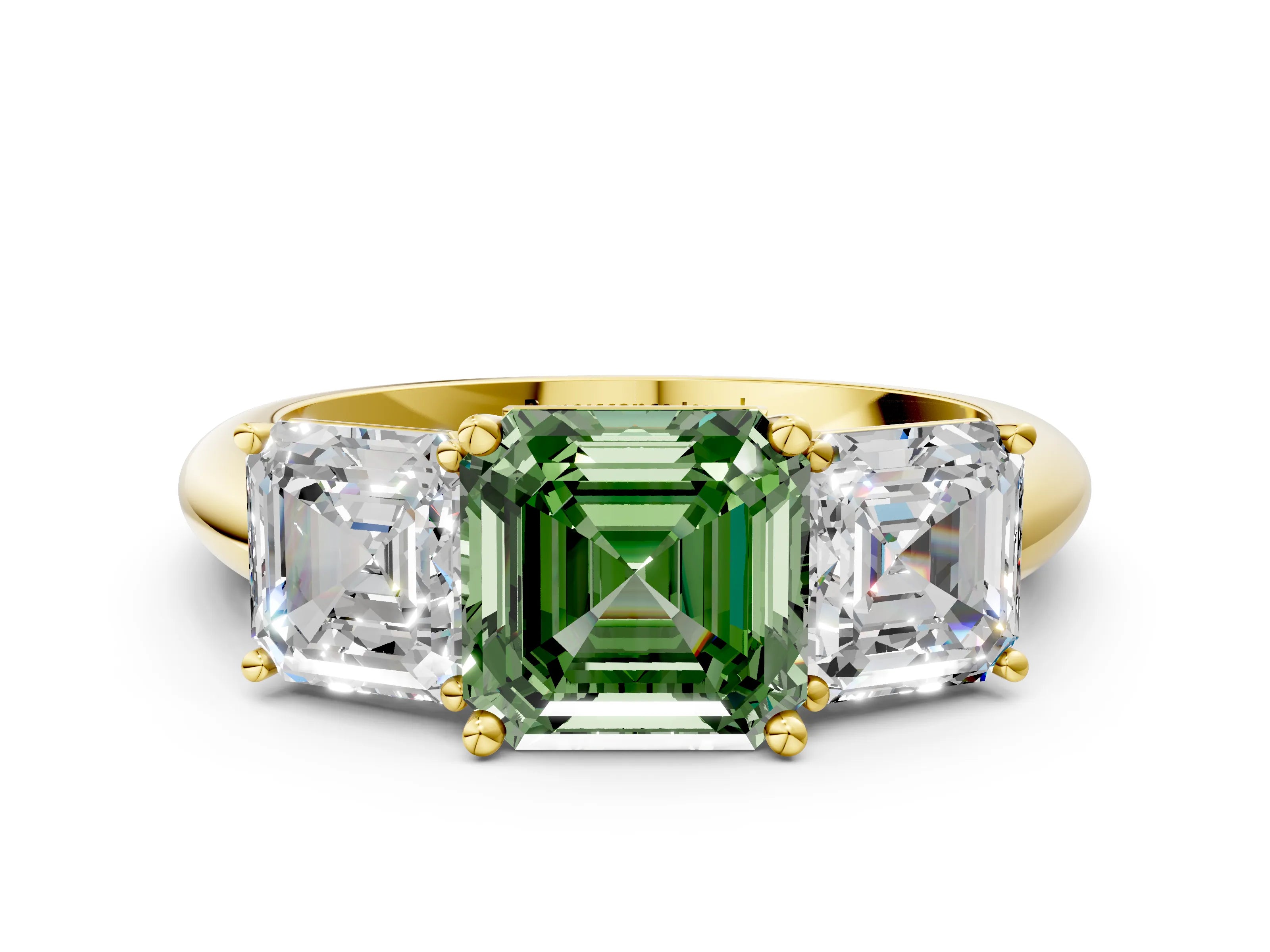 Yellow gold Three-Stone Fancy Green Asscher Cut Cut Diamond Engagement Ring with Prong Setting on a White Gold Band_24
