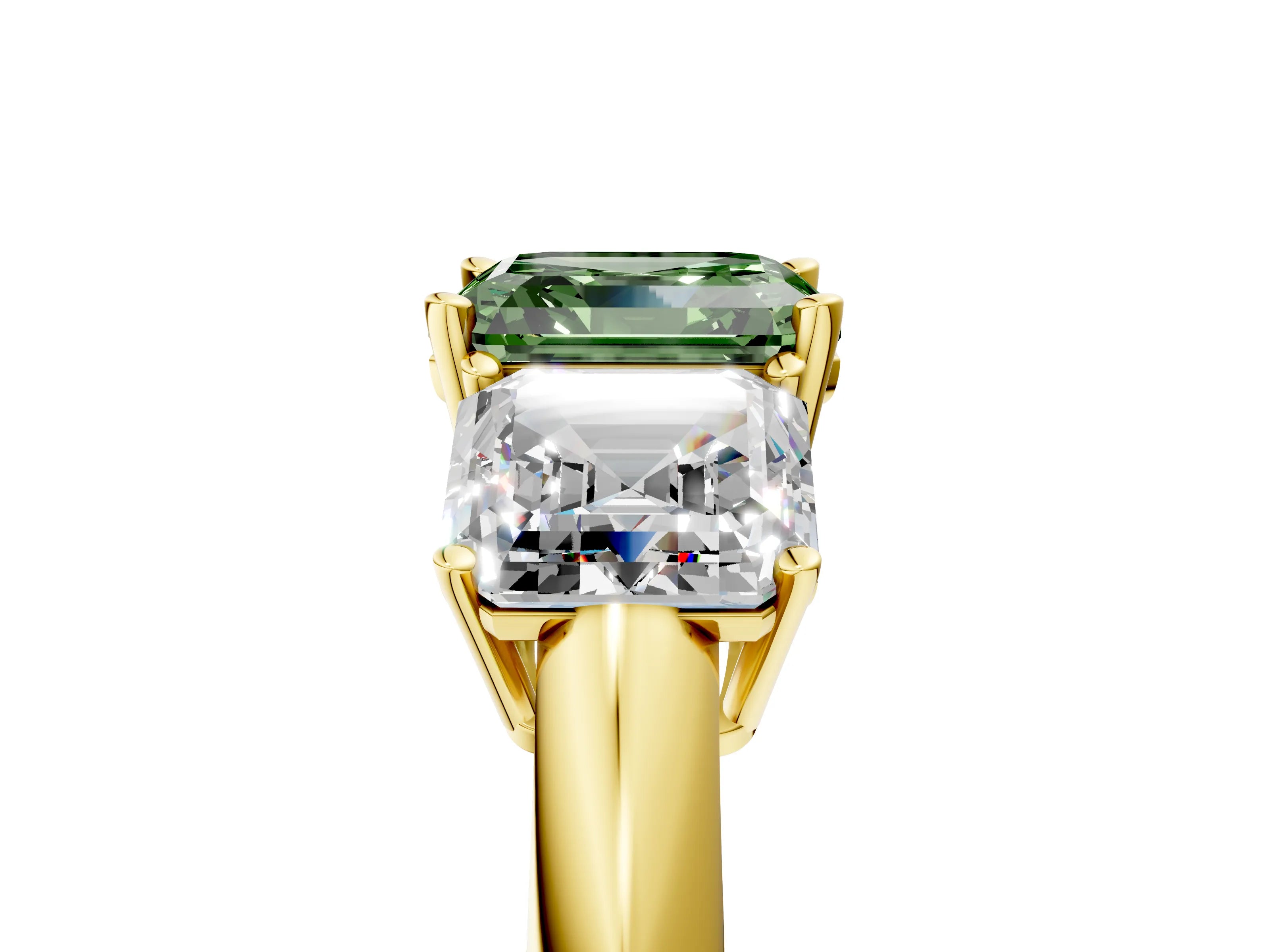 Yellow gold Three-Stone Fancy Green Asscher Cut Cut Diamond Engagement Ring with Prong Setting on a White Gold Band_29