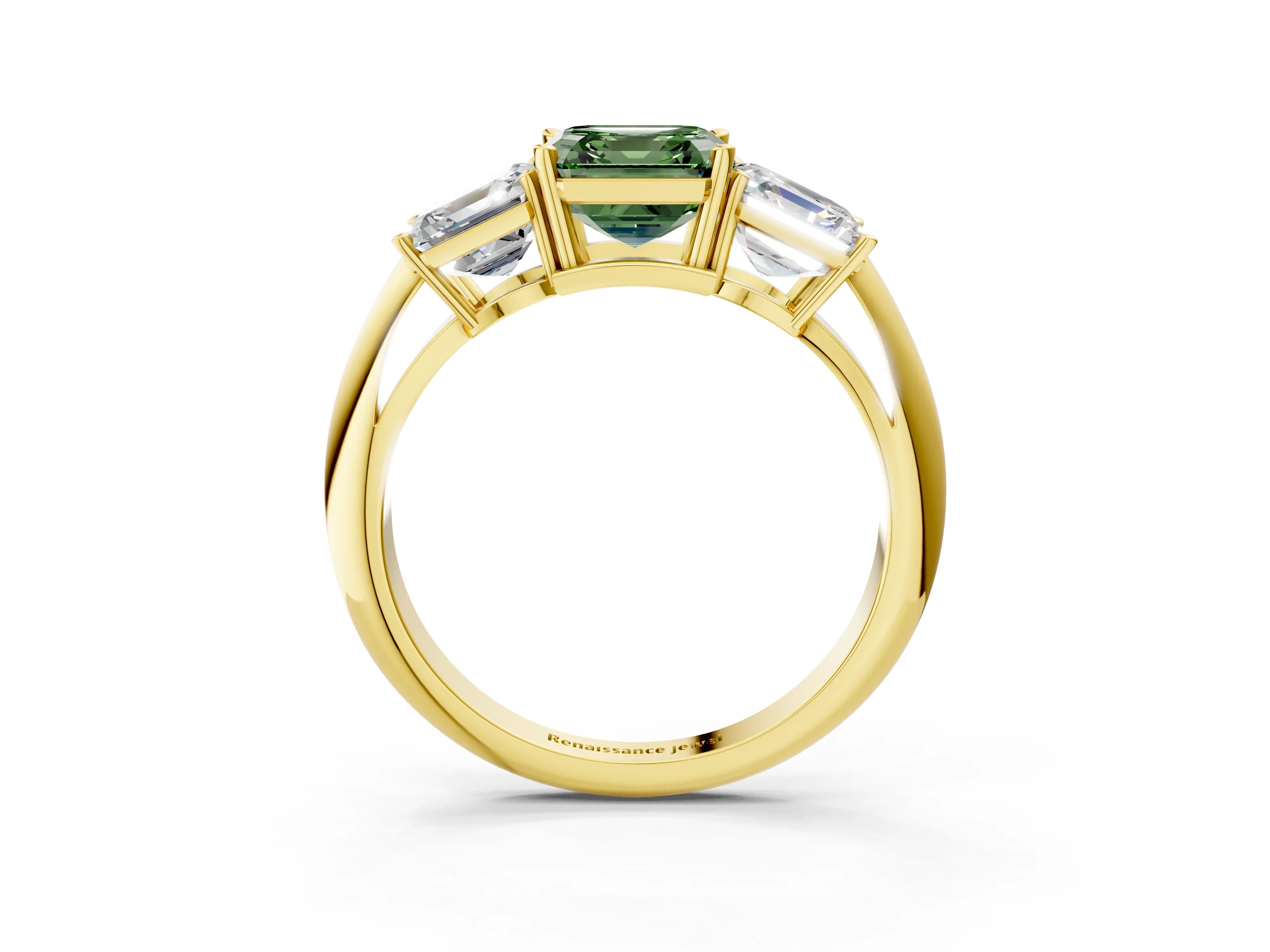 Yellow gold Three-Stone Fancy Green Asscher Cut Cut Diamond Engagement Ring with Prong Setting on a White Gold Band_3