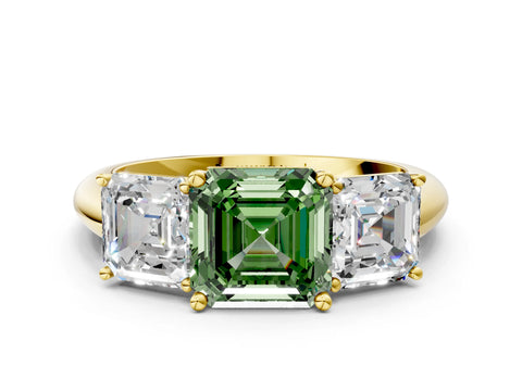 Yellow gold Three-Stone Fancy Green Asscher Cut Cut Diamond Engagement Ring with Prong Setting on a White Gold Band