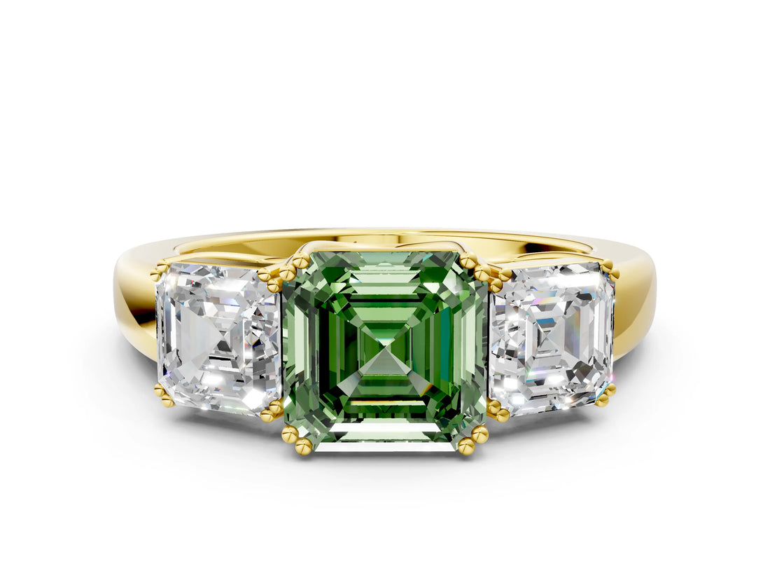 Yellow gold Three-Stone Fancy Green Asscher Cut Cut Diamond Ring with Channel Set Band and Four-Prong Setting_24