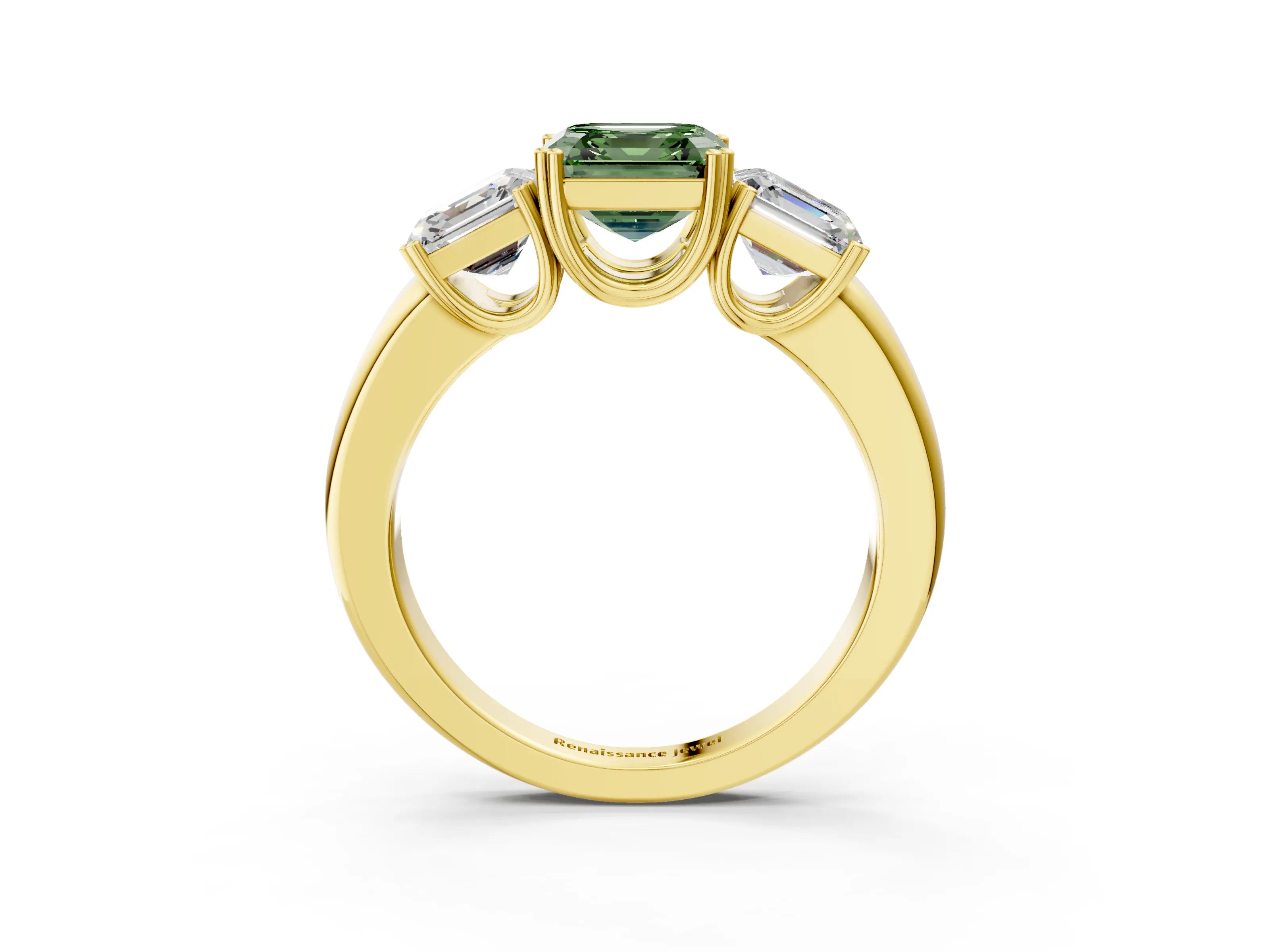Yellow gold Three-Stone Fancy Green Asscher Cut Cut Diamond Ring with Channel Set Band and Four-Prong Setting_3