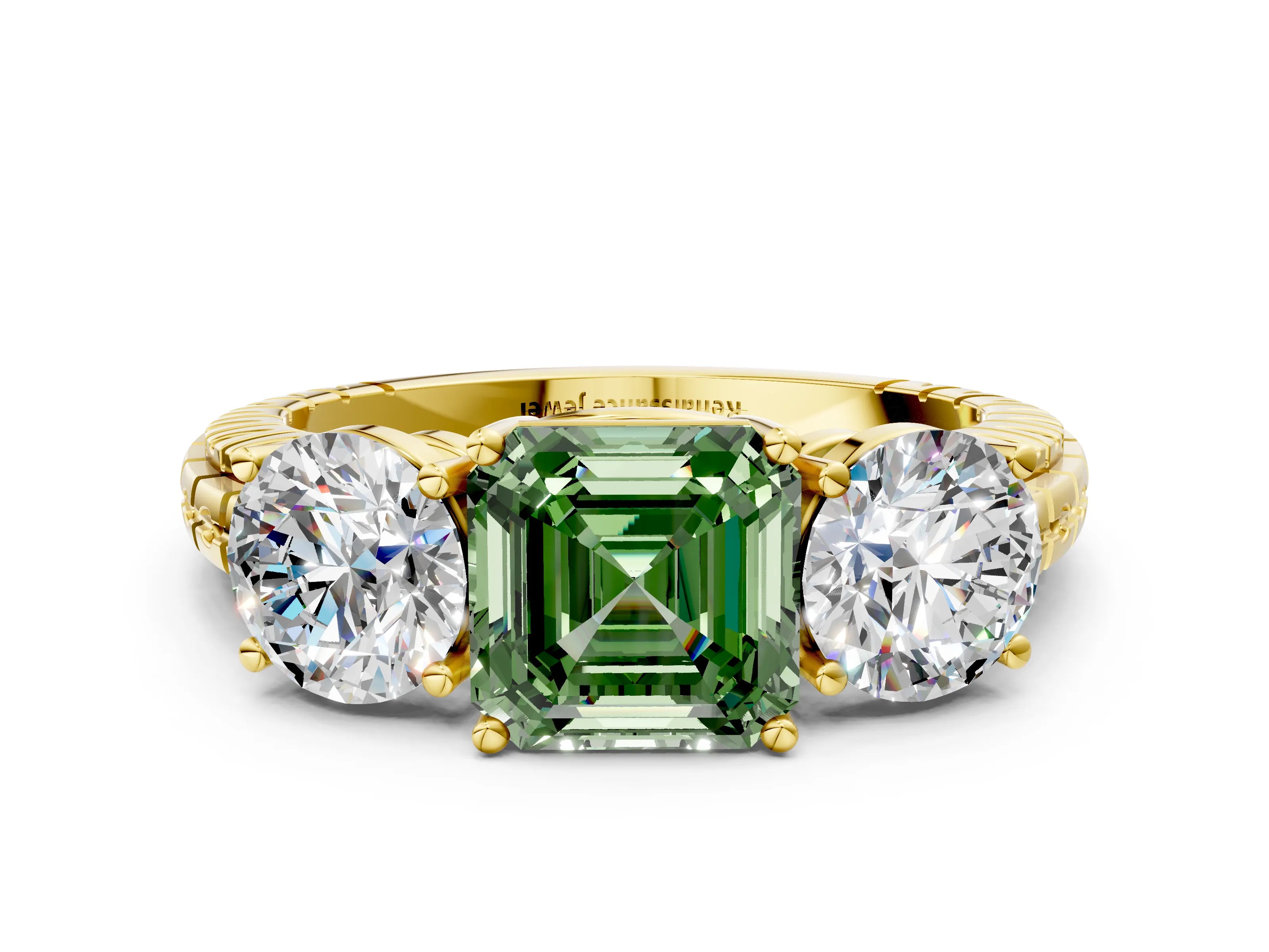 Yellow gold Three-Stone Fancy Green Asscher Cut Cut Diamond Ring with Channel-Set Band and Prong Setting