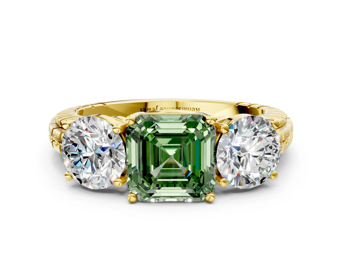Yellow gold Three-Stone Fancy Green Asscher Cut Cut Diamond Ring with Channel-Set Band and Prong Setting