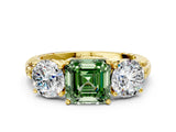 Yellow gold Three-Stone Fancy Green Asscher Cut Cut Diamond Ring with Channel-Set Band and Prong Setting