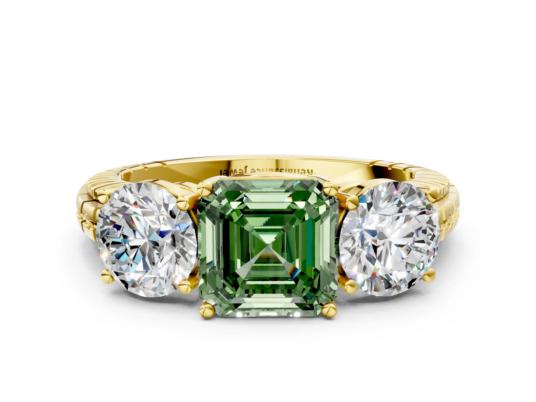 Yellow gold Three-Stone Fancy Green Asscher Cut Cut Diamond Ring with Channel-Set Band and Prong Setting_12