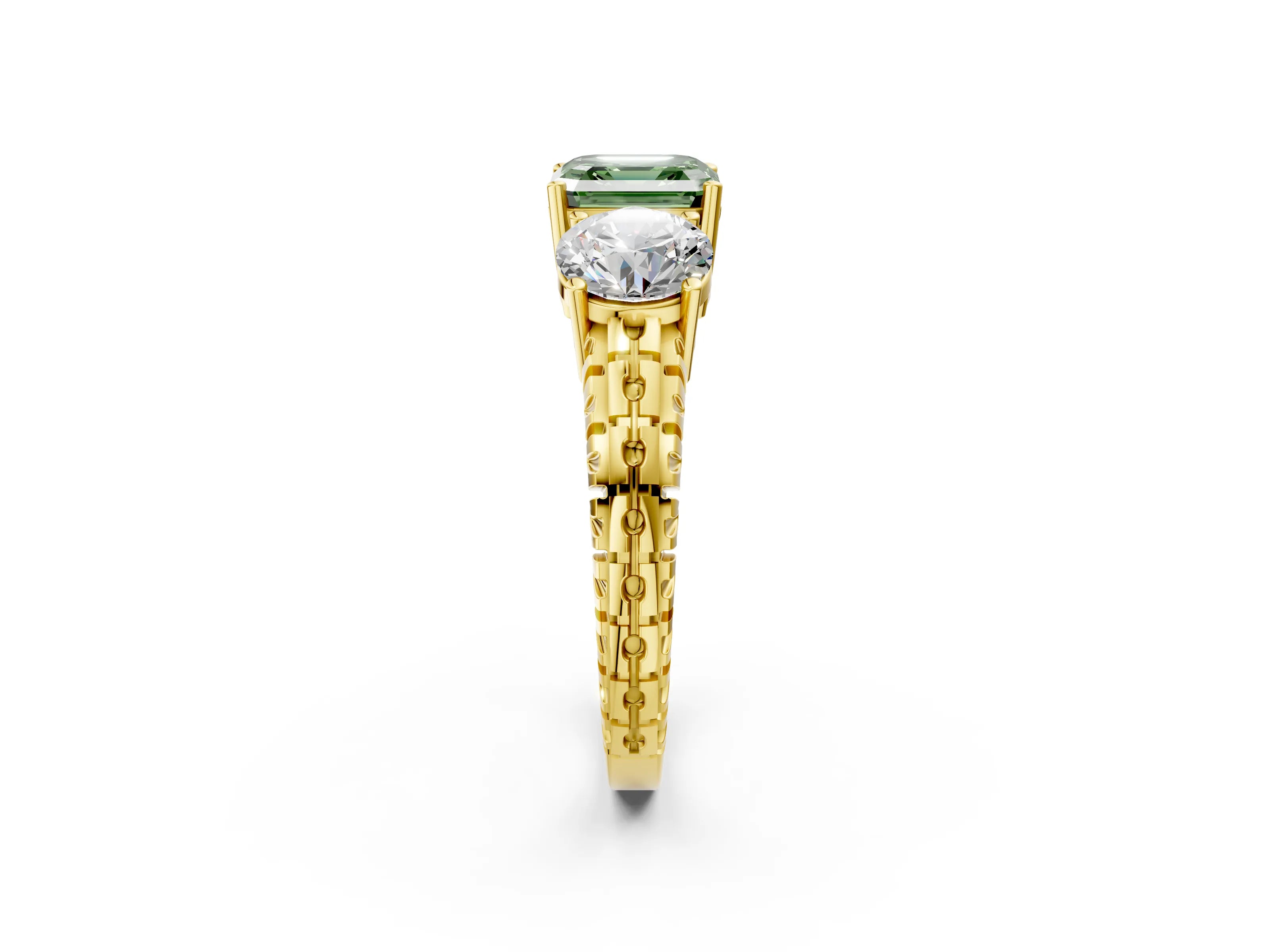 Yellow gold Three-Stone Fancy Green Asscher Cut Cut Diamond Ring with Channel-Set Band and Prong Setting_2