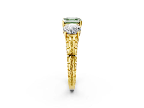 Yellow gold Three-Stone Fancy Green Asscher Cut Cut Diamond Ring with Channel-Set Band and Prong Setting_2