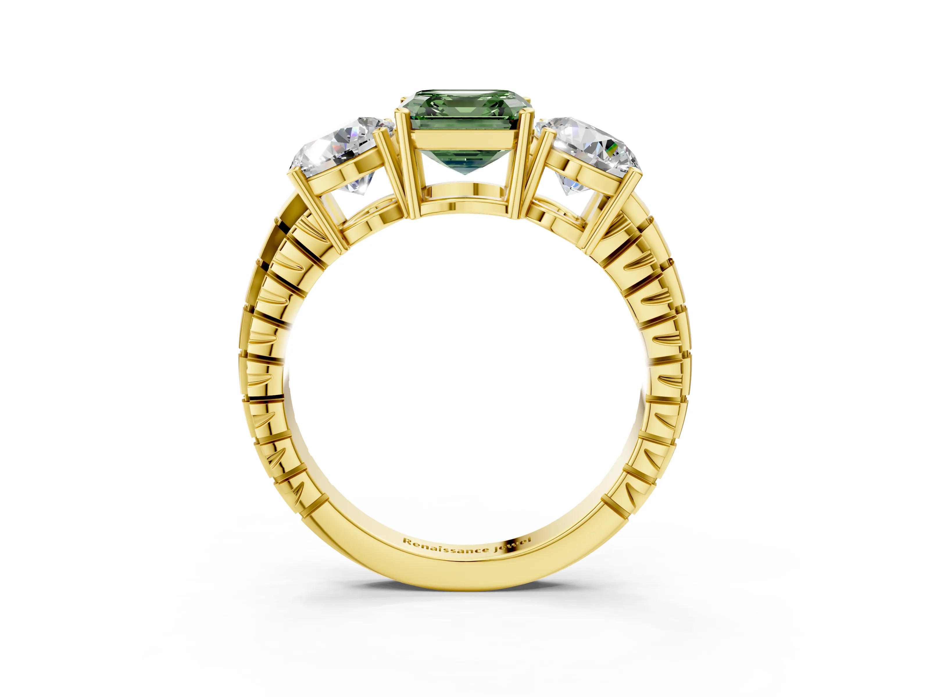 Yellow gold Three-Stone Fancy Green Asscher Cut Cut Diamond Ring with Channel-Set Band and Prong Setting_3