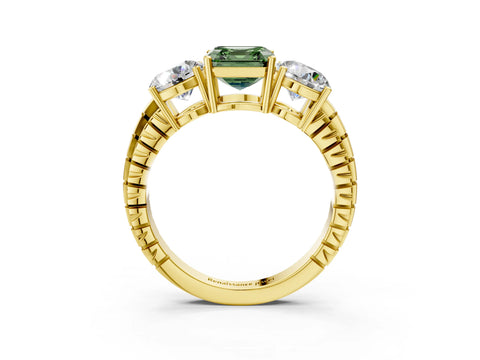 Yellow gold Three-Stone Fancy Green Asscher Cut Cut Diamond Ring with Channel-Set Band and Prong Setting_3
