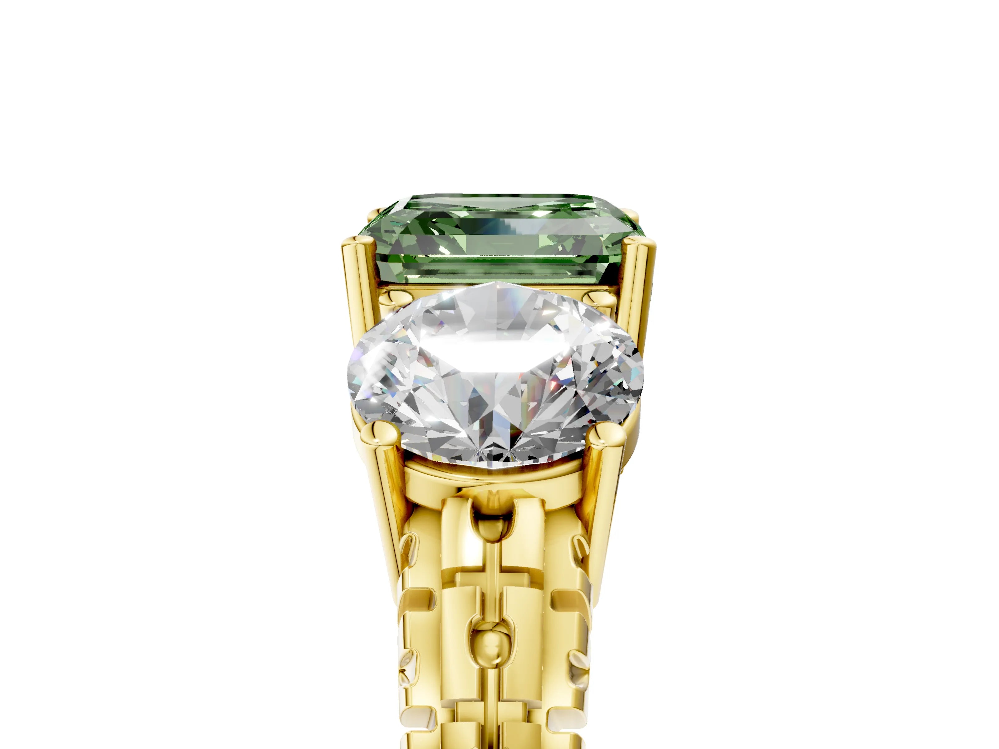 Yellow gold Three-Stone Fancy Green Asscher Cut Cut Diamond Ring with Channel-Set Band and Prong Setting_5
