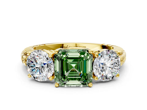 Yellow gold Three-Stone Fancy Green Asscher Cut Cut Diamond Ring with Channel-Set Band and Prong Setting