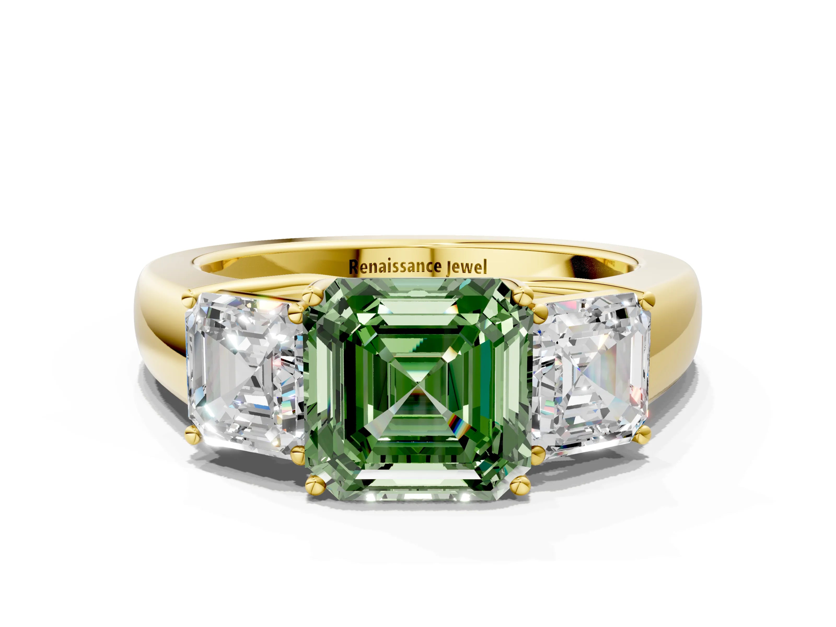 Yellow gold Three-Stone Fancy Green Asscher Cut Cut Diamond Ring with Prong Setting and Classic Band