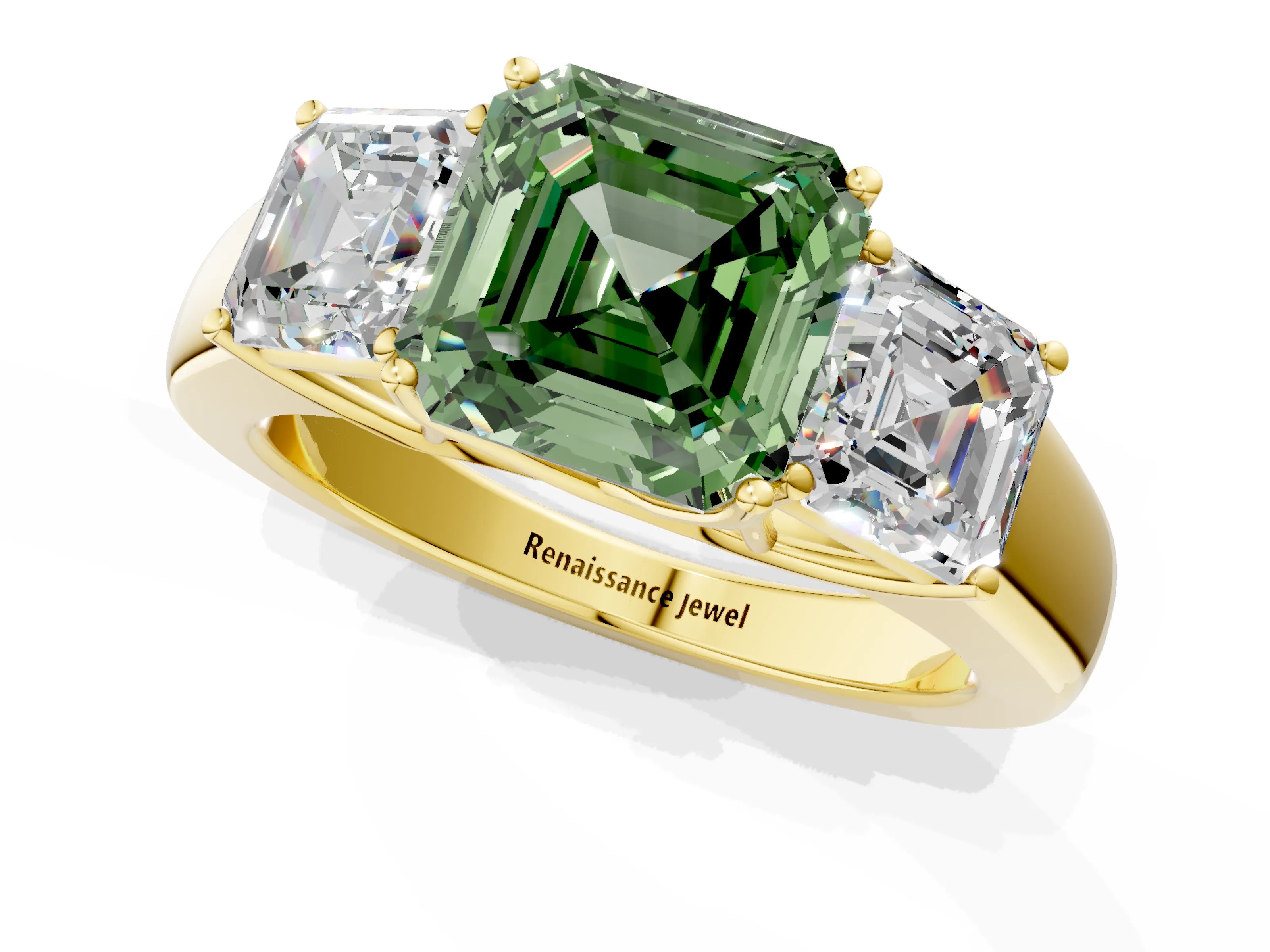 Yellow gold Three-Stone Fancy Green Asscher Cut Cut Diamond Ring with Prong Setting and Classic Band_1