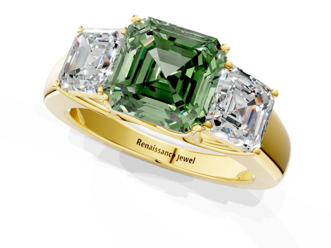 Yellow gold Three-Stone Fancy Green Asscher Cut Cut Diamond Ring with Prong Setting and Classic Band_1