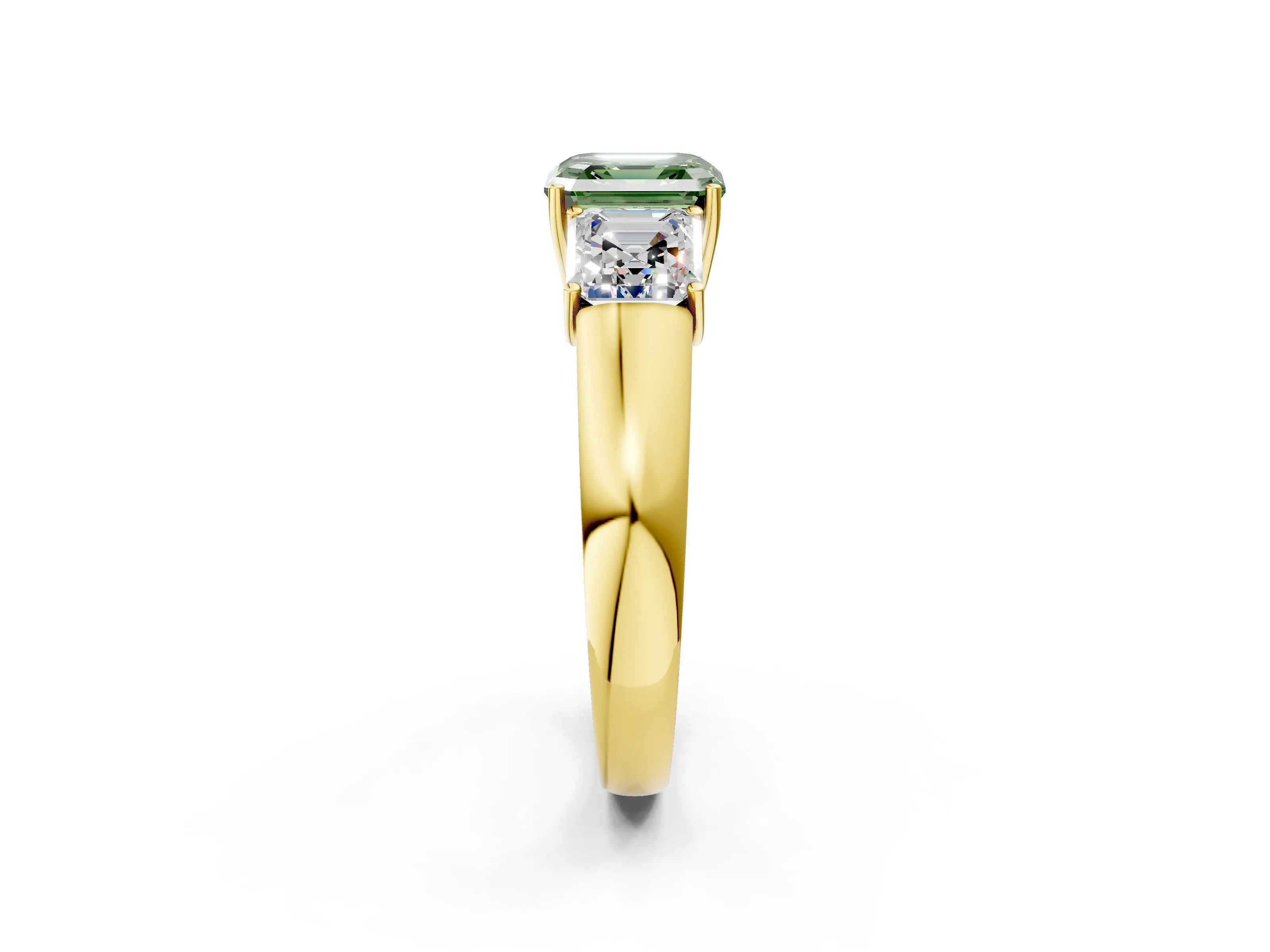 Yellow gold Three-Stone Fancy Green Asscher Cut Cut Diamond Ring with Prong Setting and Classic Band_2