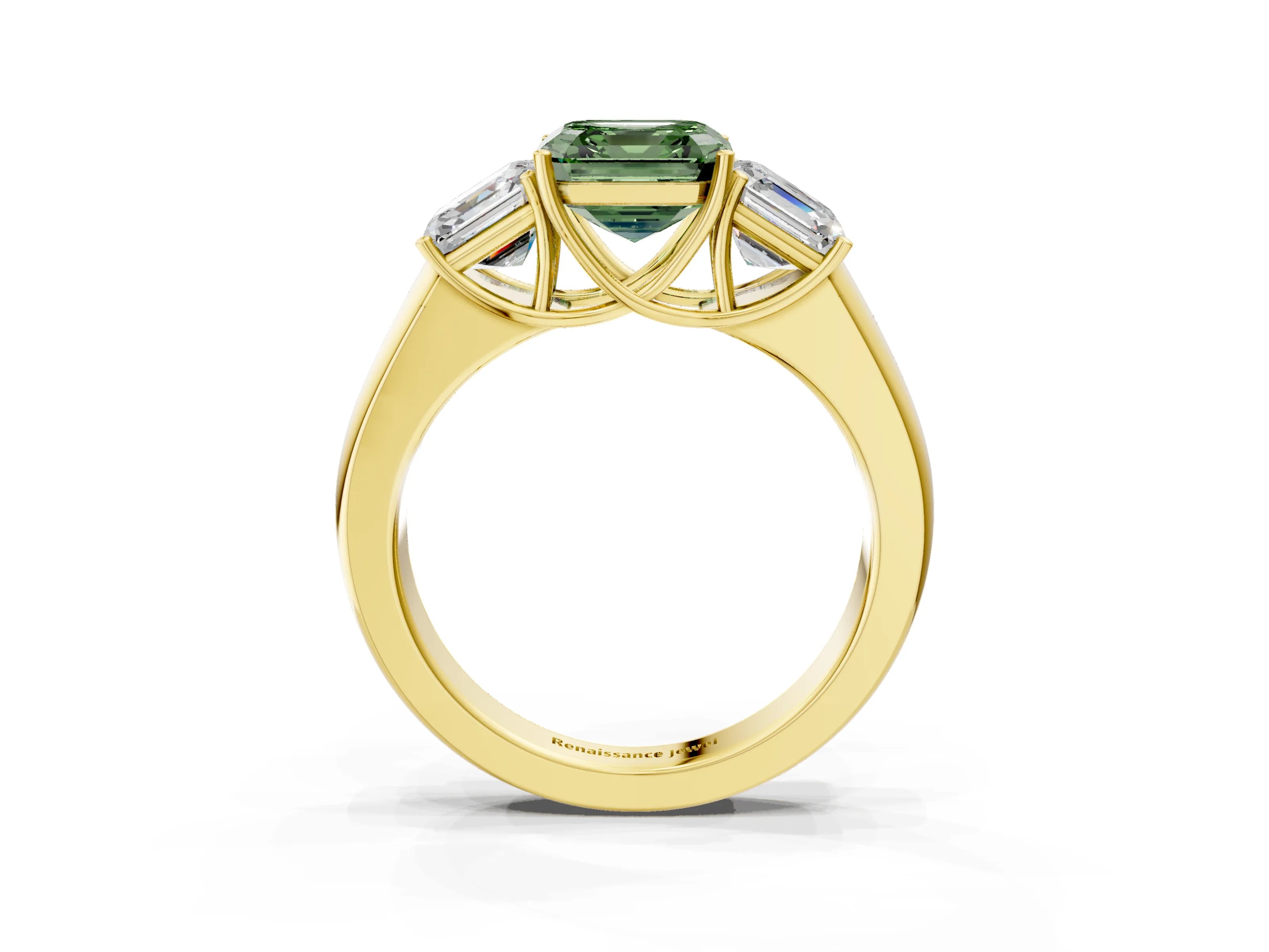 Yellow gold Three-Stone Fancy Green Asscher Cut Cut Diamond Ring with Prong Setting and Classic Band_3