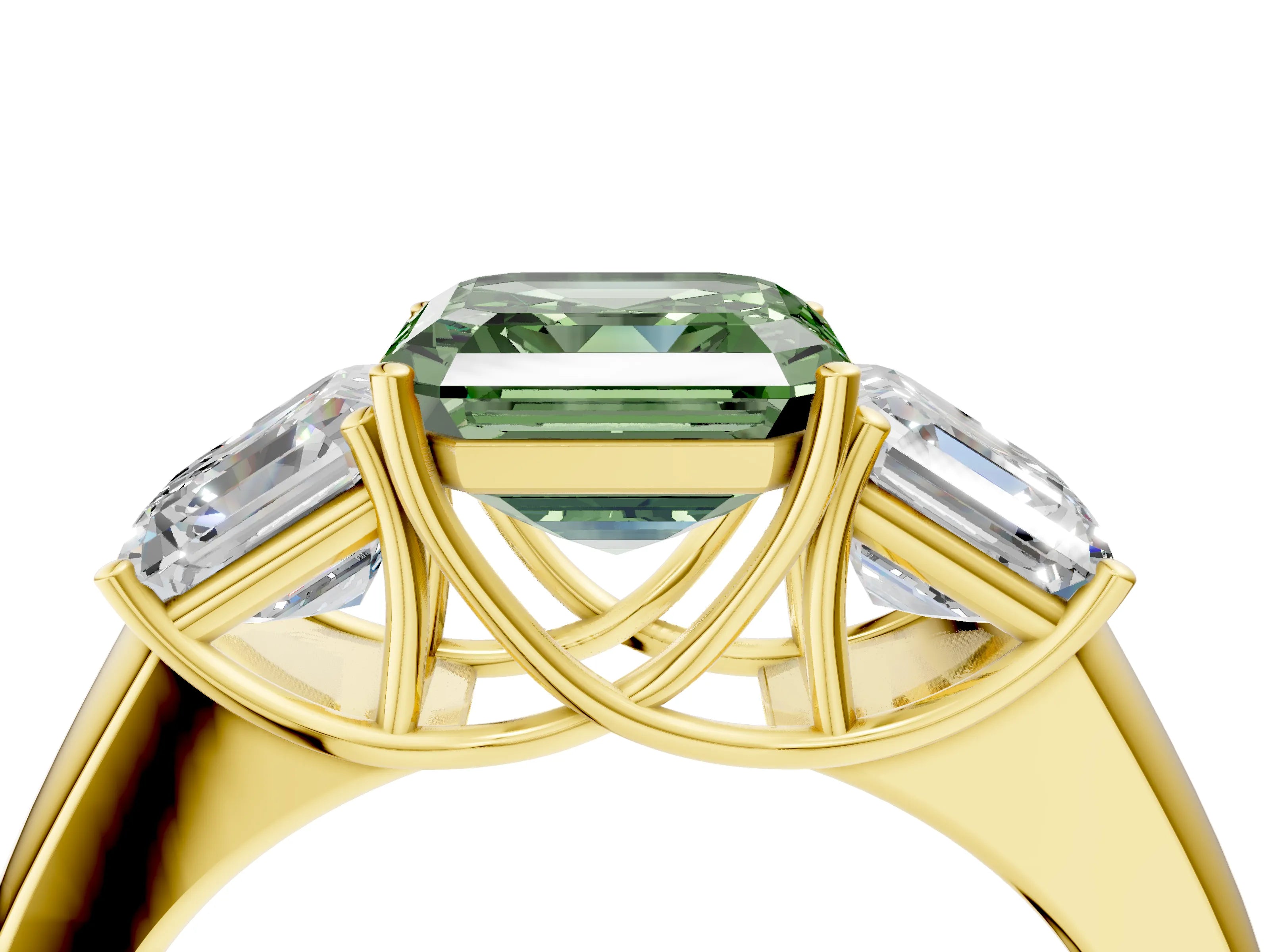 Yellow gold Three-Stone Fancy Green Asscher Cut Cut Diamond Ring with Prong Setting and Classic Band_4