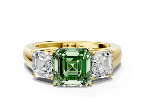 Yellow gold Three-Stone Fancy Green Asscher Cut Cut Diamond Ring with Prong Setting and Classic Band