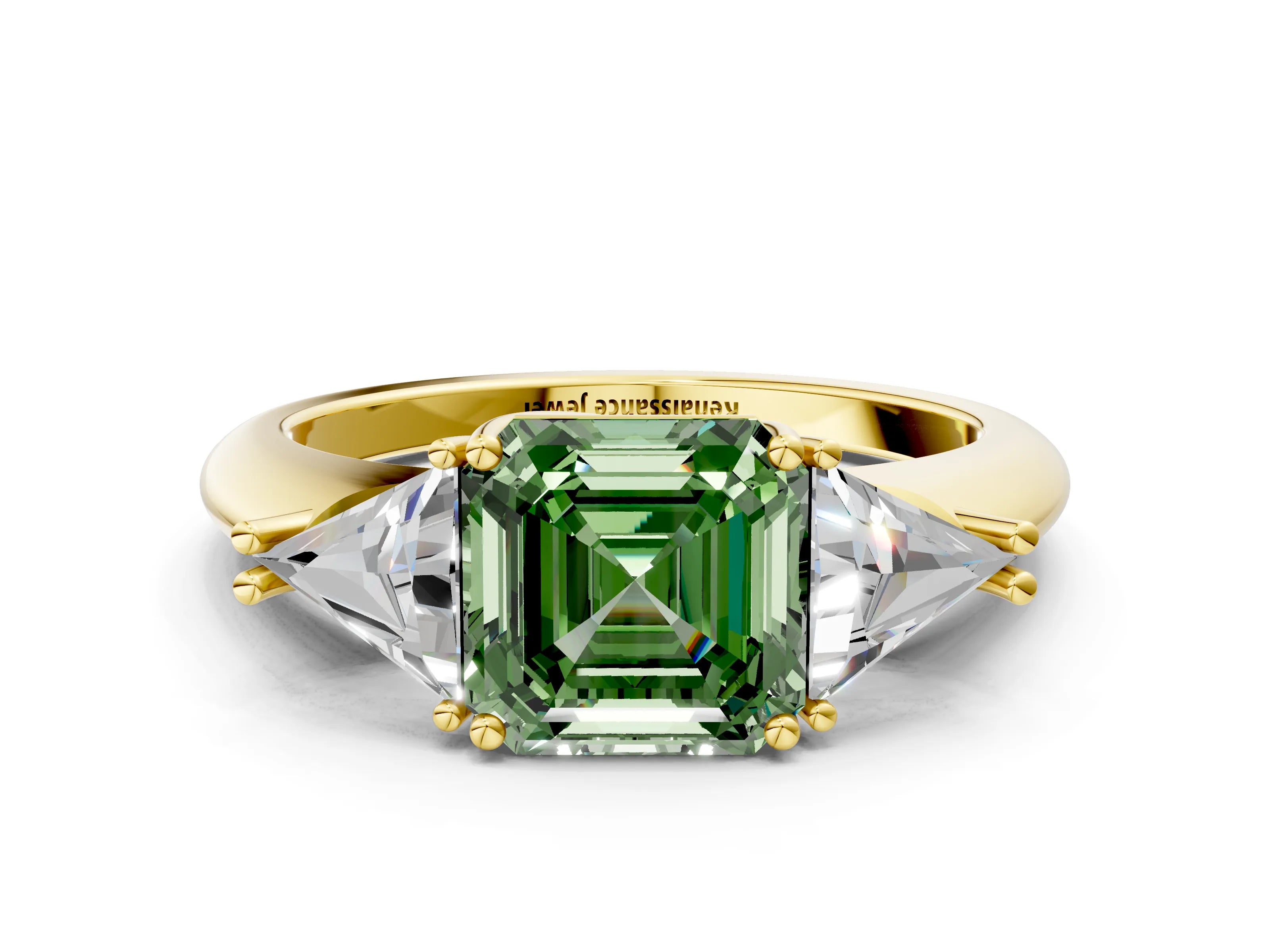 Yellow gold Three-Stone Fancy Green Asscher Cut Cut Diamond Ring with Trillion Side Stones and Four-Prong Setting_3