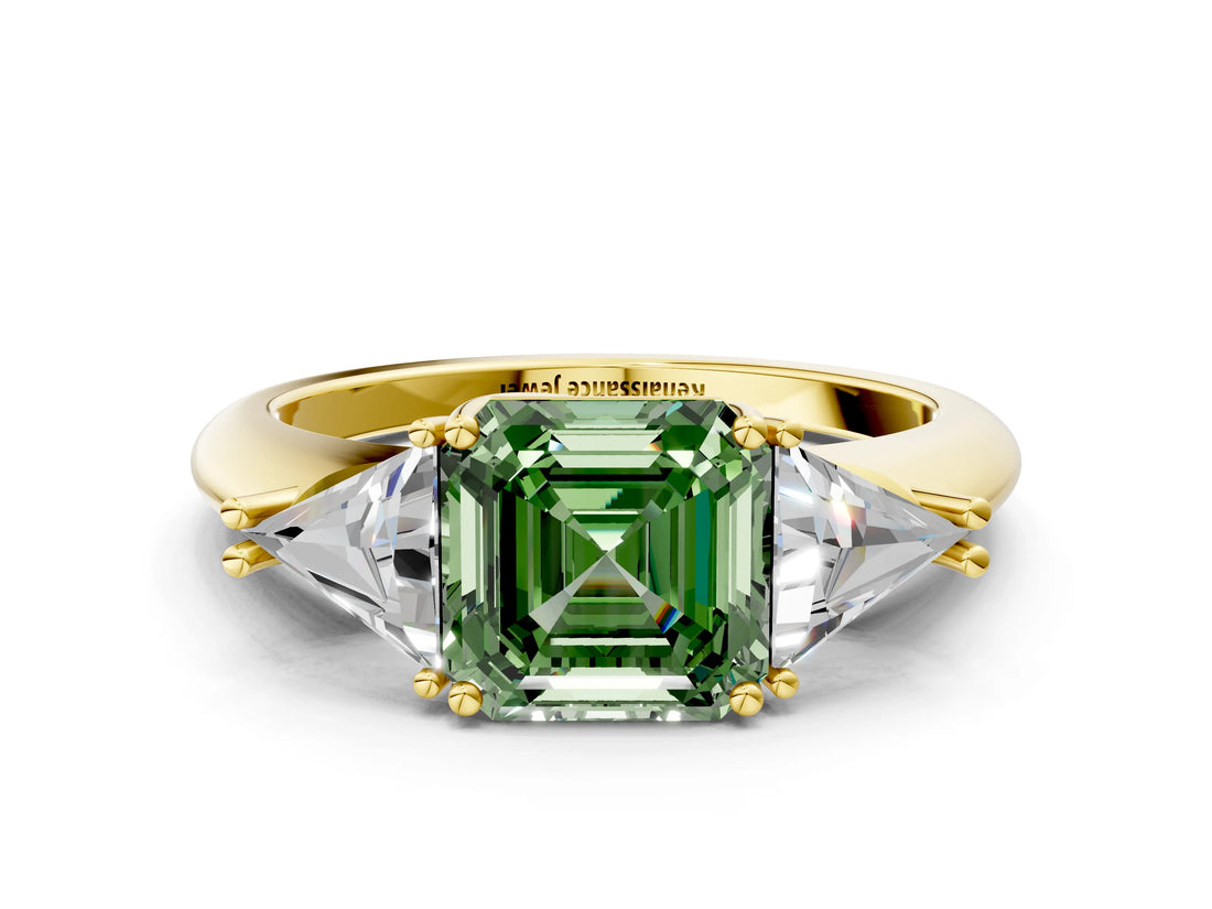 Yellow gold Three-Stone Fancy Green Asscher Cut Cut Diamond Ring with Trillion Side Stones and Four-Prong Setting_3