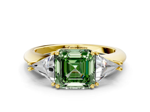 Yellow gold Three-Stone Fancy Green Asscher Cut Cut Diamond Ring with Trillion Side Stones and Four-Prong Setting_3