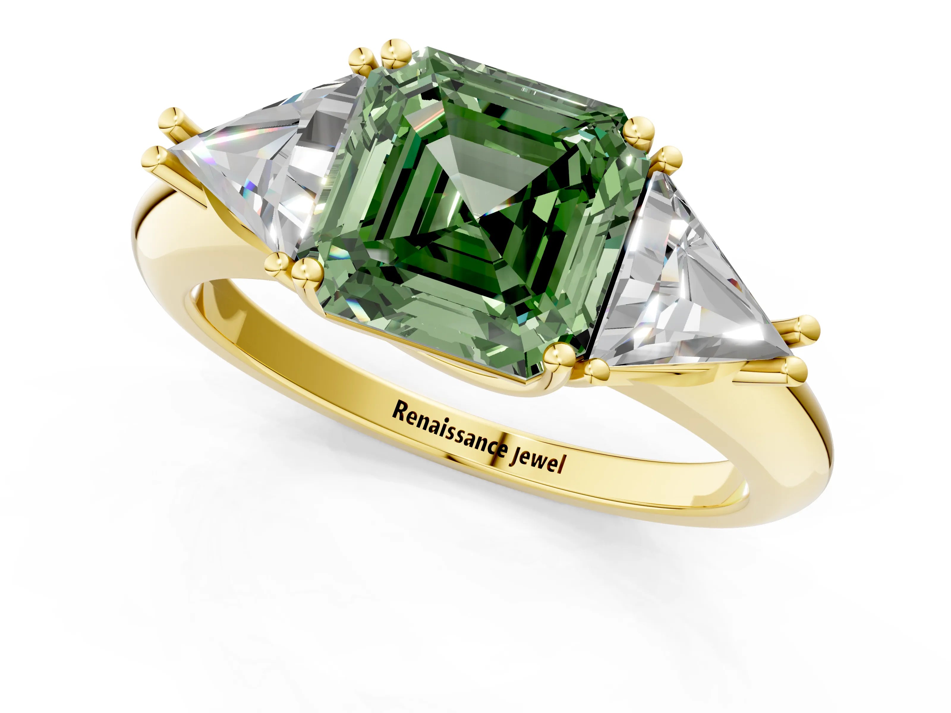 Yellow gold Three-Stone Fancy Green Asscher Cut Cut Diamond Ring with Trillion Side Stones and Four-Prong Setting_4
