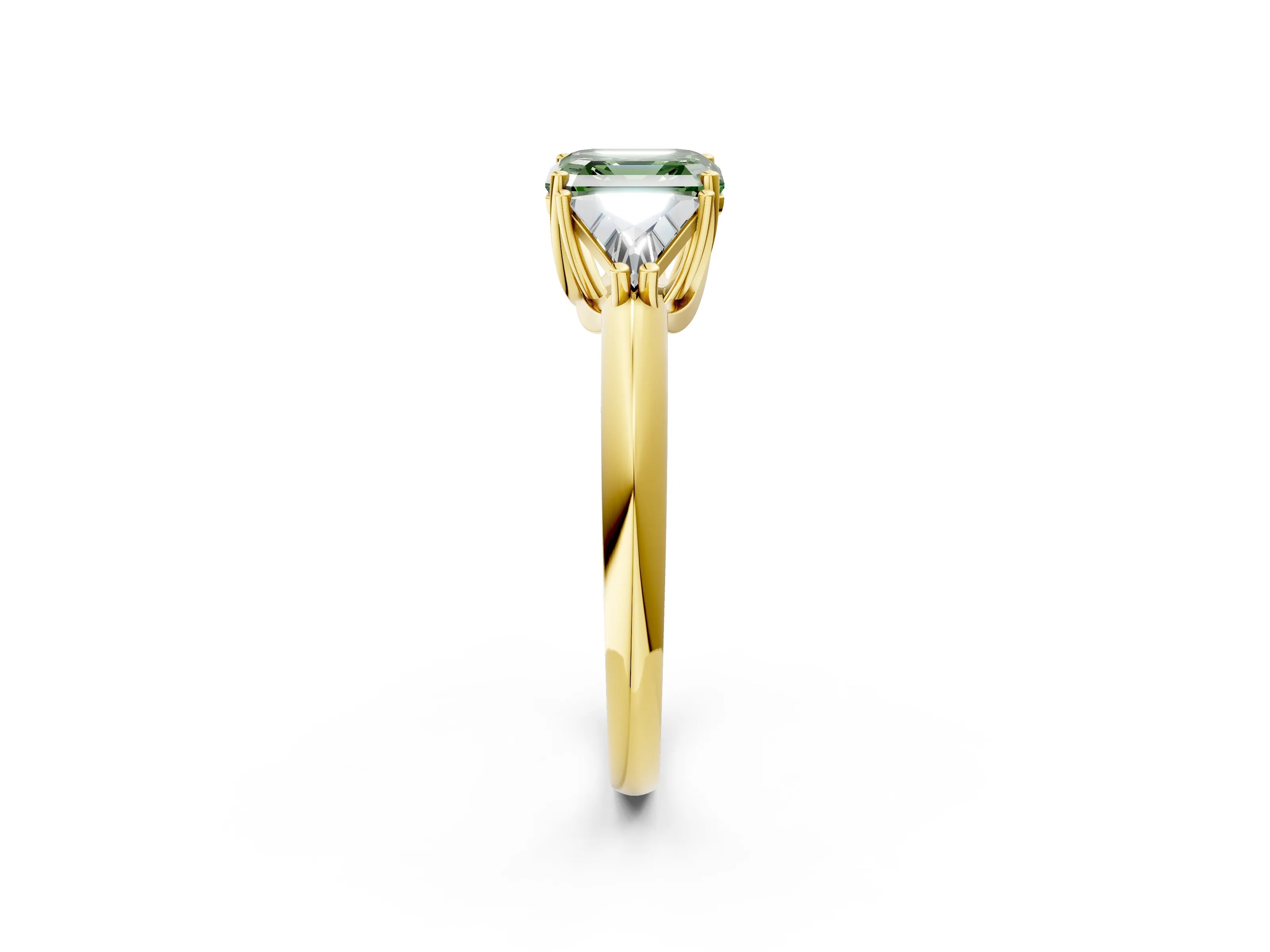 Yellow gold Three-Stone Fancy Green Asscher Cut Cut Diamond Ring with Trillion Side Stones and Four-Prong Setting_5