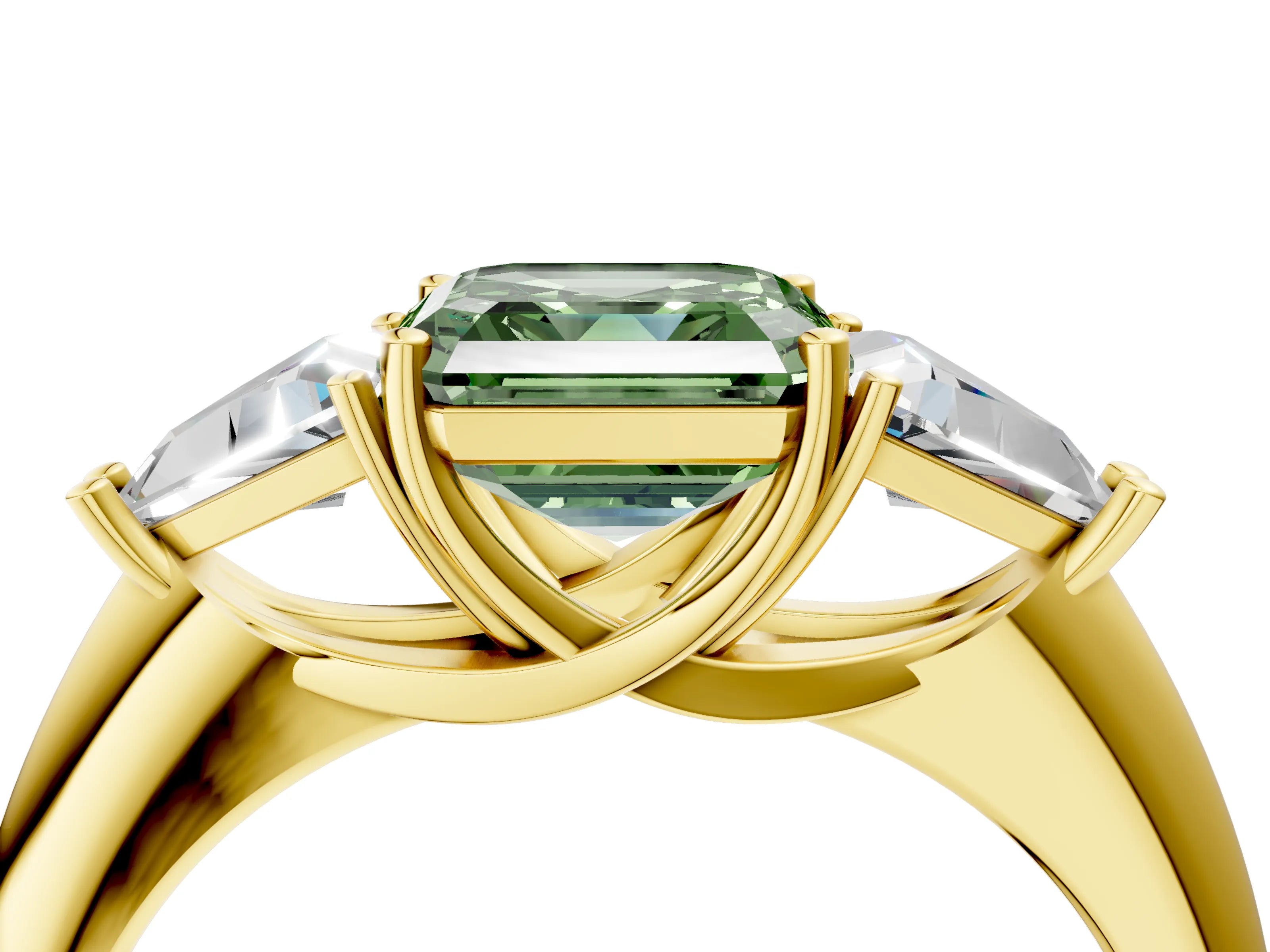Yellow gold Three-Stone Fancy Green Asscher Cut Cut Diamond Ring with Trillion Side Stones and Four-Prong Setting_7