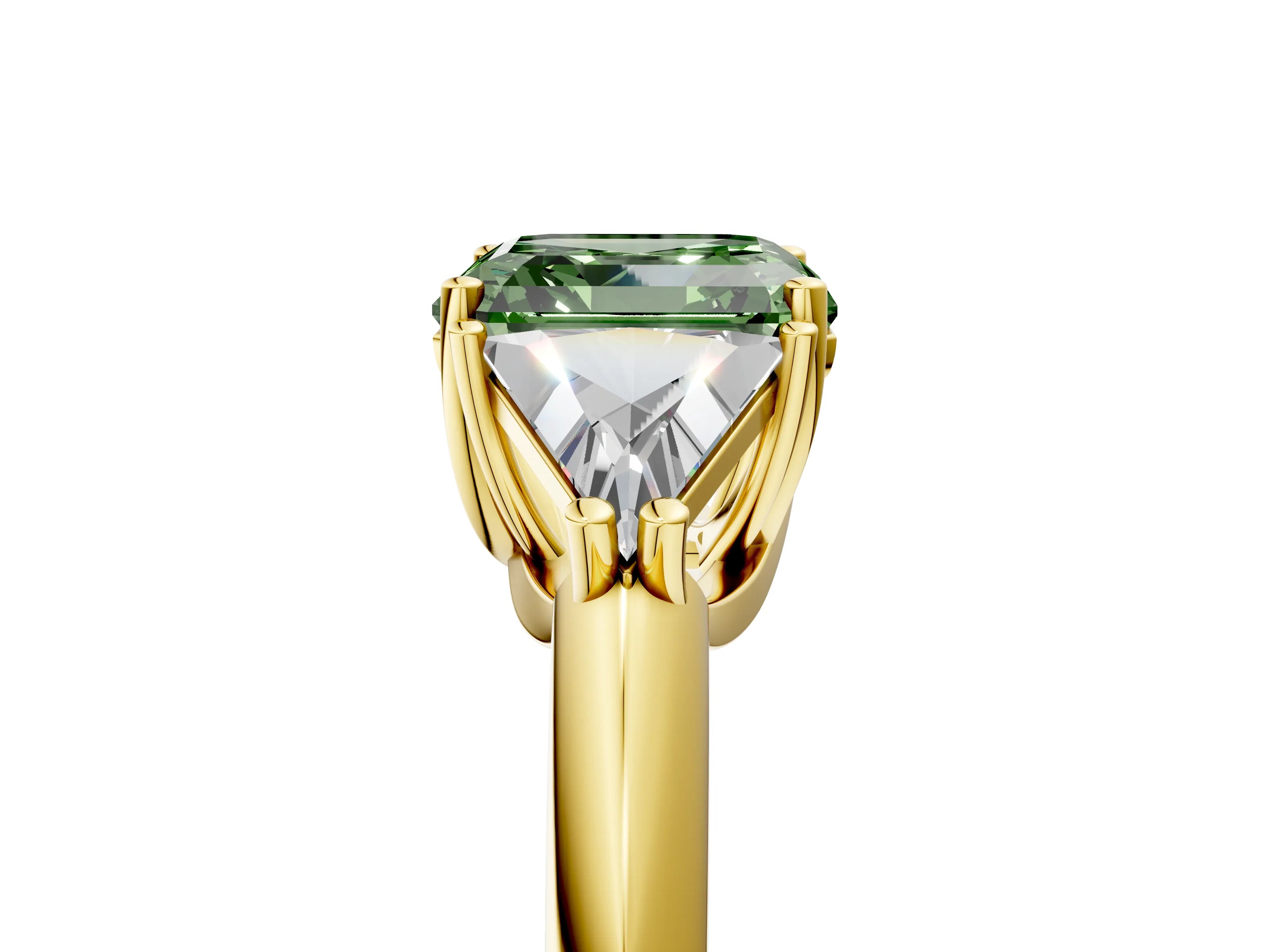 Yellow gold Three-Stone Fancy Green Asscher Cut Cut Diamond Ring with Trillion Side Stones and Four-Prong Setting_8