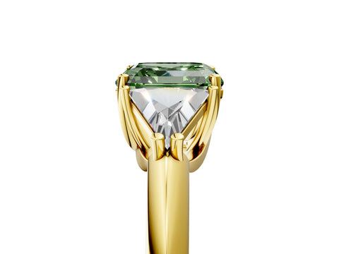 Yellow gold Three-Stone Fancy Green Asscher Cut Cut Diamond Ring with Trillion Side Stones and Four-Prong Setting_8