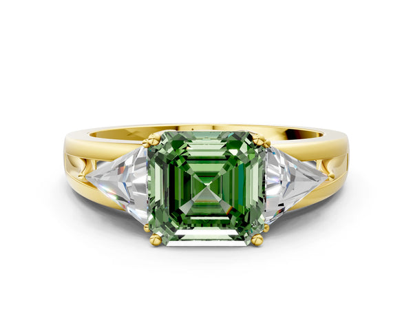 Yellow Gold Asscher Cut Split Shank Three Stone Engagement Ring Setting for Fancy Green Center