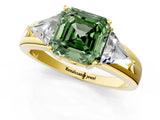 Yellow gold Three-Stone Fancy Green Asscher Cut Cut Diamond Ring with Trillion Side Stones on a Split Shank Band_1