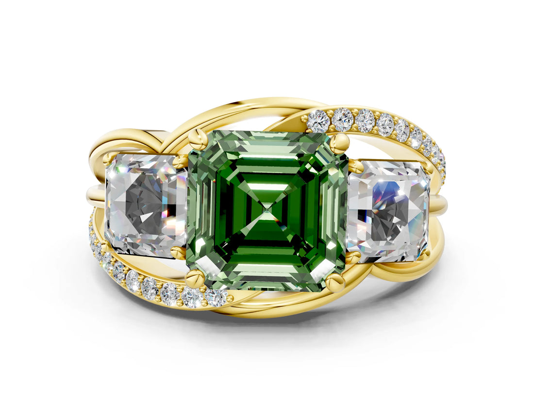 Yellow gold Three-Stone Fancy Green Asscher Cut Cut Diamond Split Shank Prong Set Ring