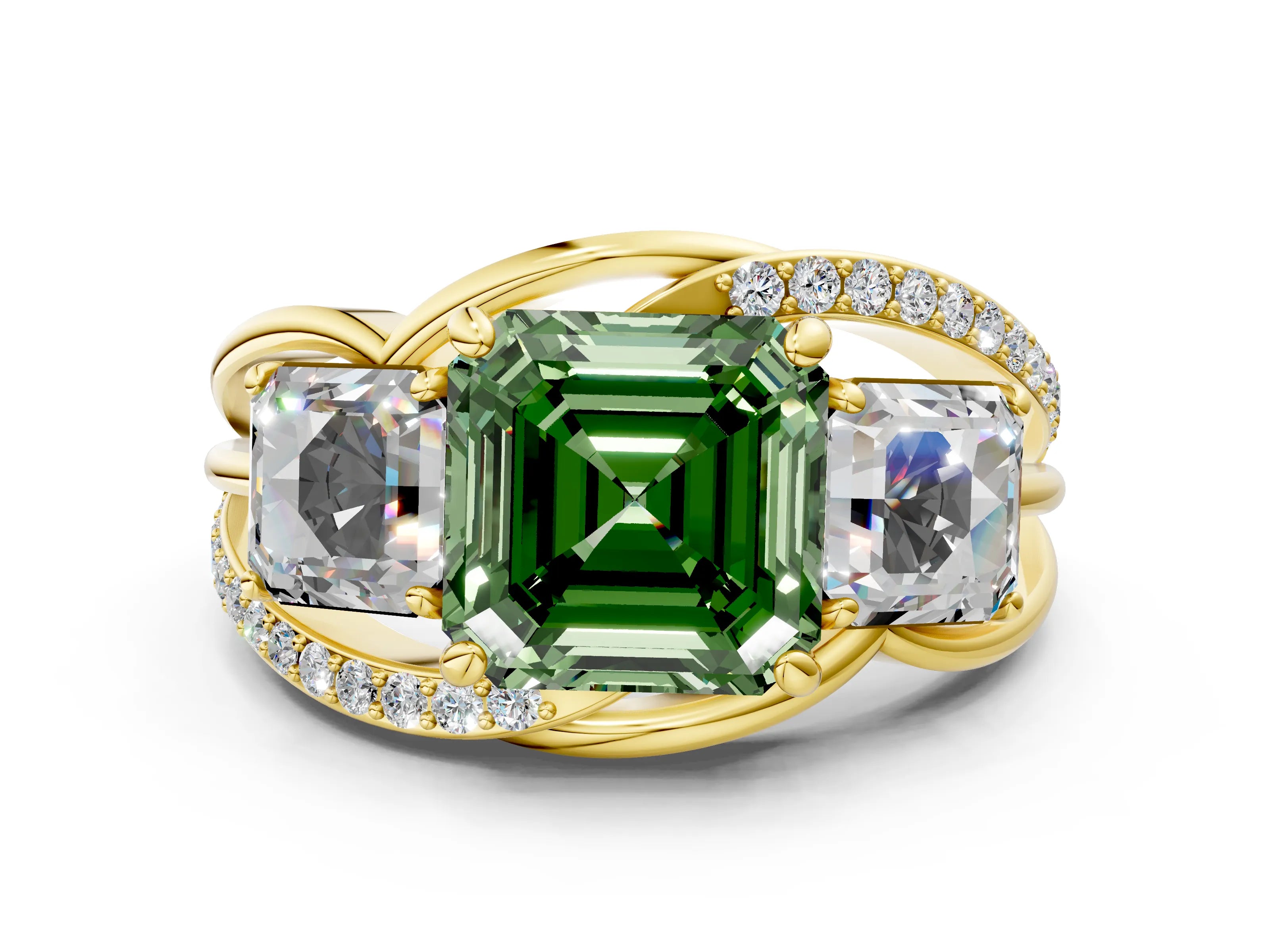Yellow gold Three-Stone Fancy Green Asscher Cut Cut Diamond Split Shank Prong Set Ring_12