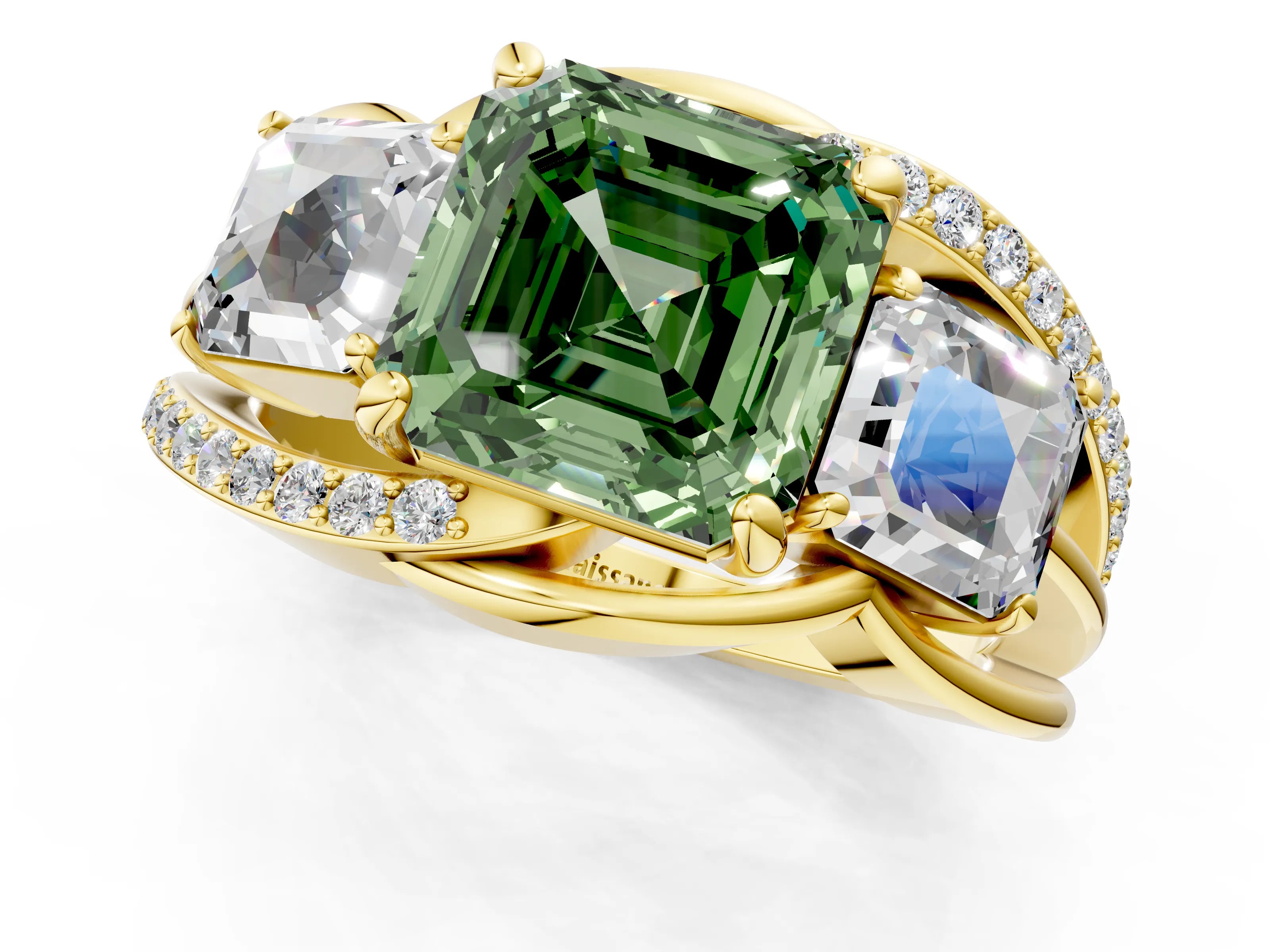 Yellow gold Three-Stone Fancy Green Asscher Cut Cut Diamond Split Shank Prong Set Ring_13
