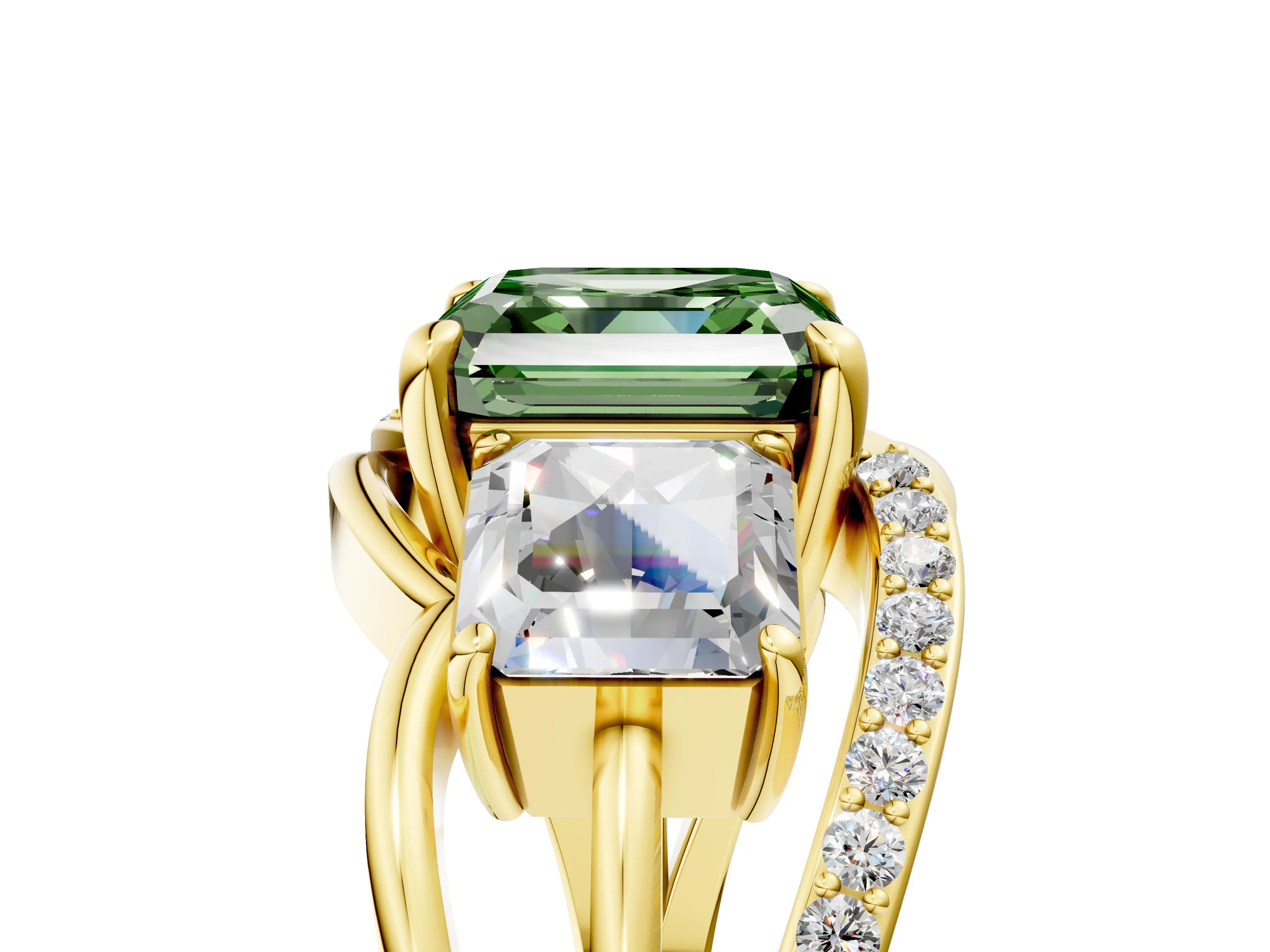 Yellow gold Three-Stone Fancy Green Asscher Cut Cut Diamond Split Shank Prong Set Ring_17