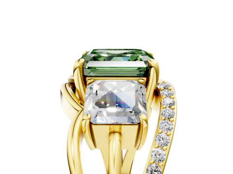 Yellow gold Three-Stone Fancy Green Asscher Cut Cut Diamond Split Shank Prong Set Ring_17